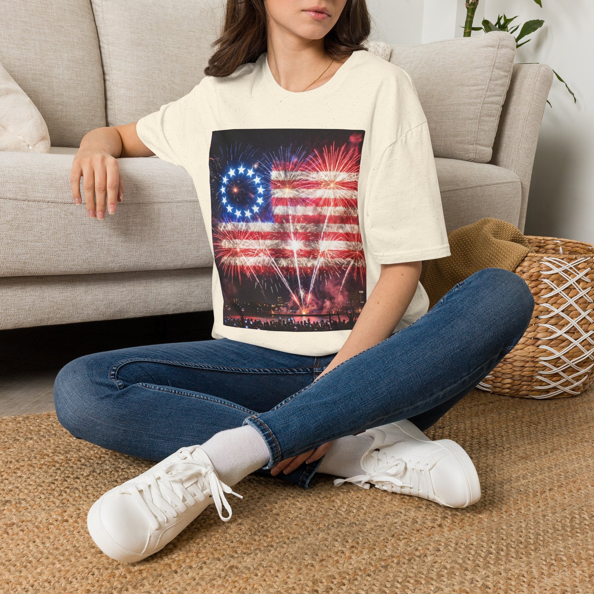 American Flag Fireworks T-Shirt — Betsy Ross Stars & Stripes Patriotic Tee for 4th of July