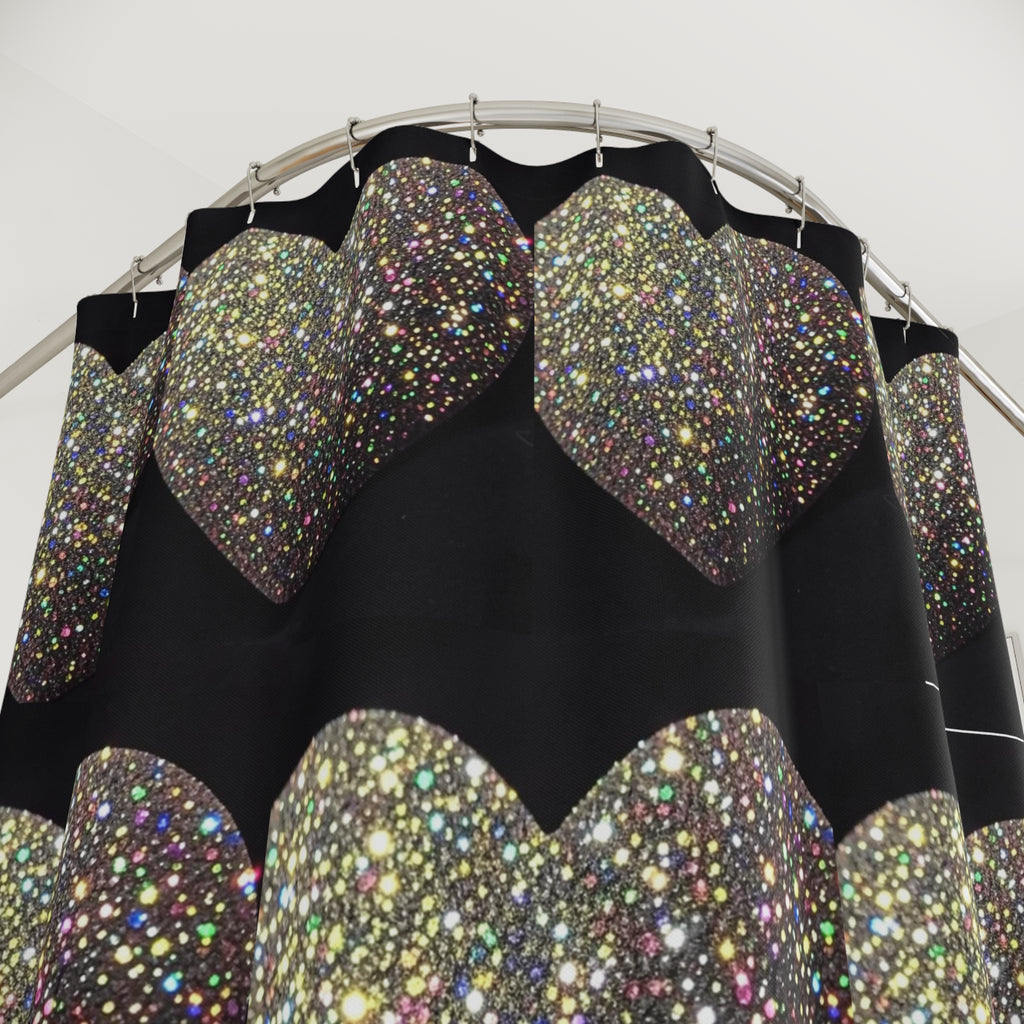 Shower Curtain - Glitter Heart Pattern on Black | Sparkling Romantic Bathroom Decor