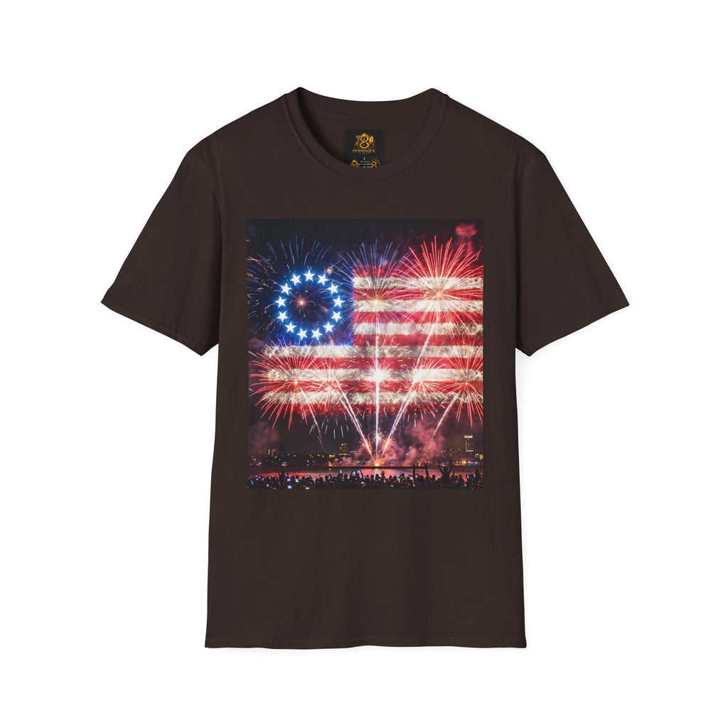 American Flag Fireworks T-Shirt — Betsy Ross Stars & Stripes Patriotic Tee for 4th of July