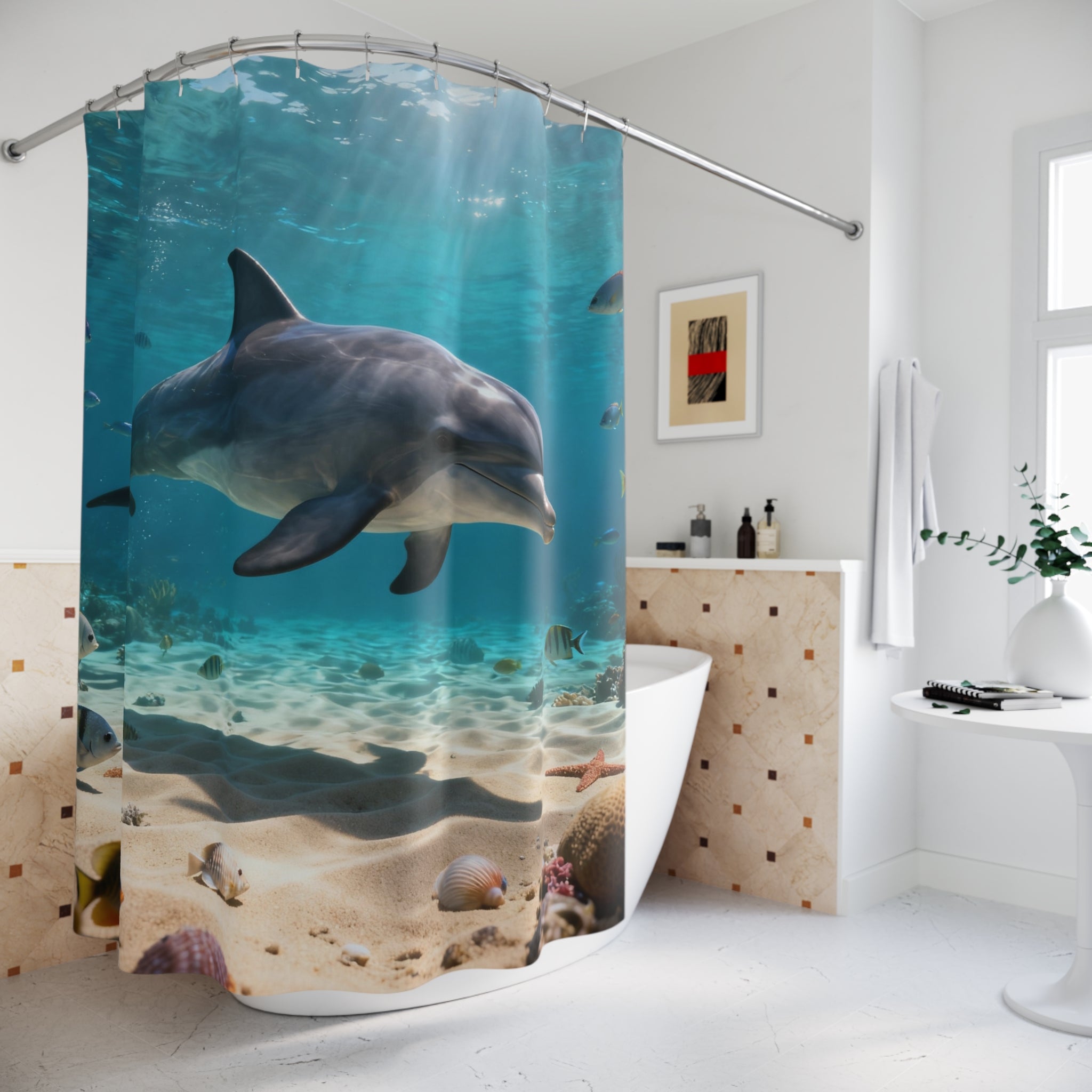Dolphin Ocean Shower Curtain — Underwater Marine Life Bathroom Décor