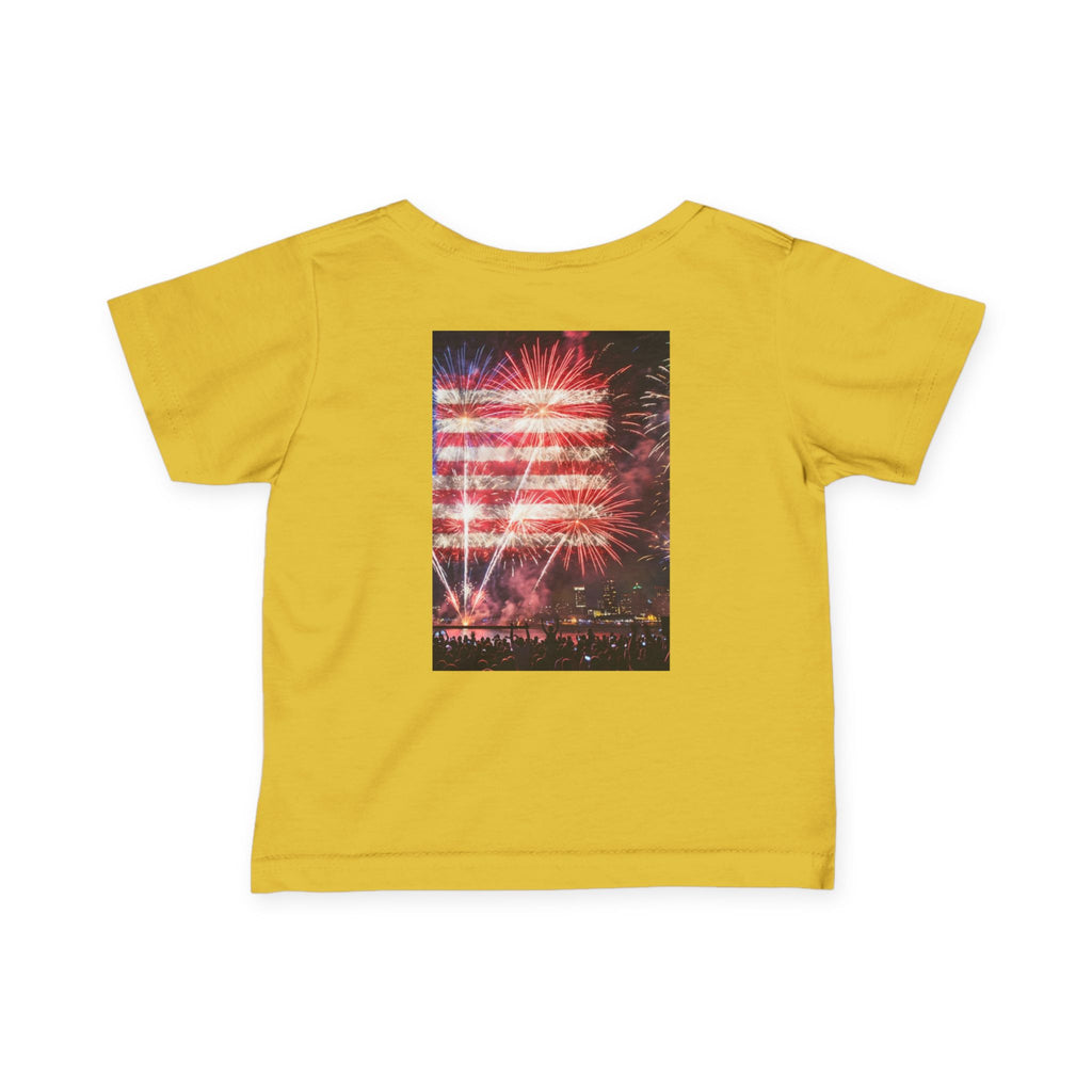 Infant Tee — Vintage Fireworks American Flag Graphic (4th of July Baby Shirt)
