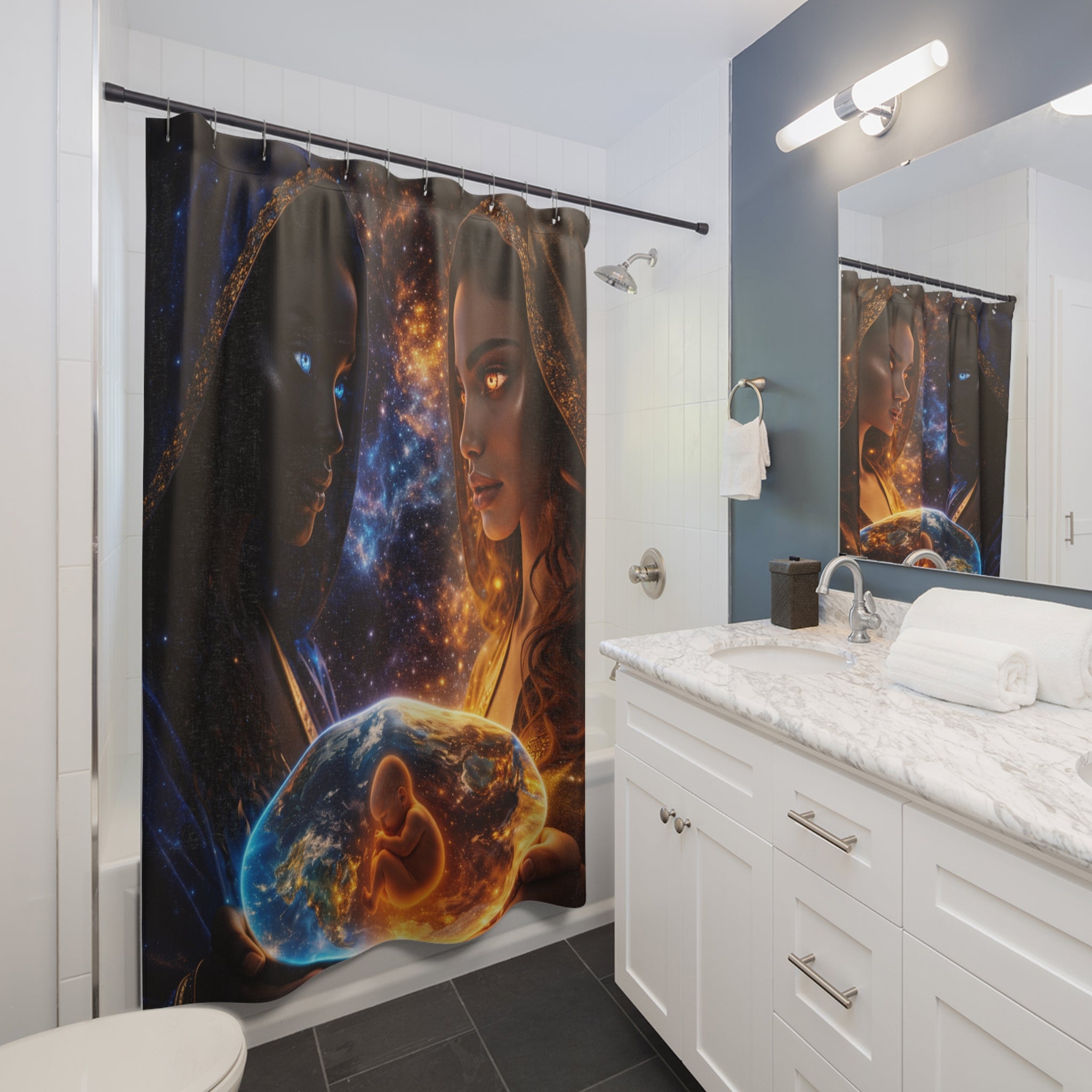 Shower Curtain — Cosmic Mothers of Earth Design (Celestial Duality, Pregnancy Orbit)