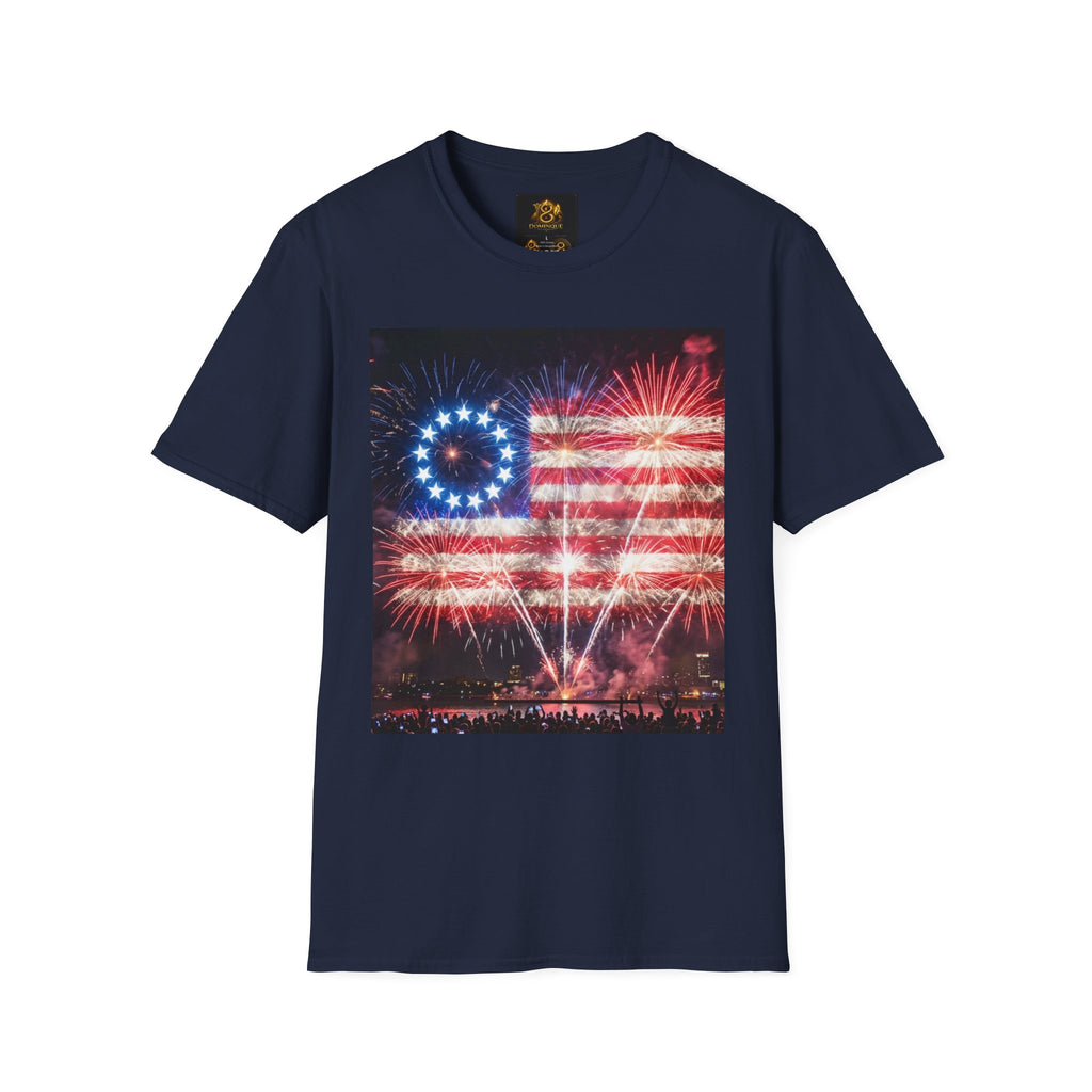 American Flag Fireworks T-Shirt — Betsy Ross Stars & Stripes Patriotic Tee for 4th of July