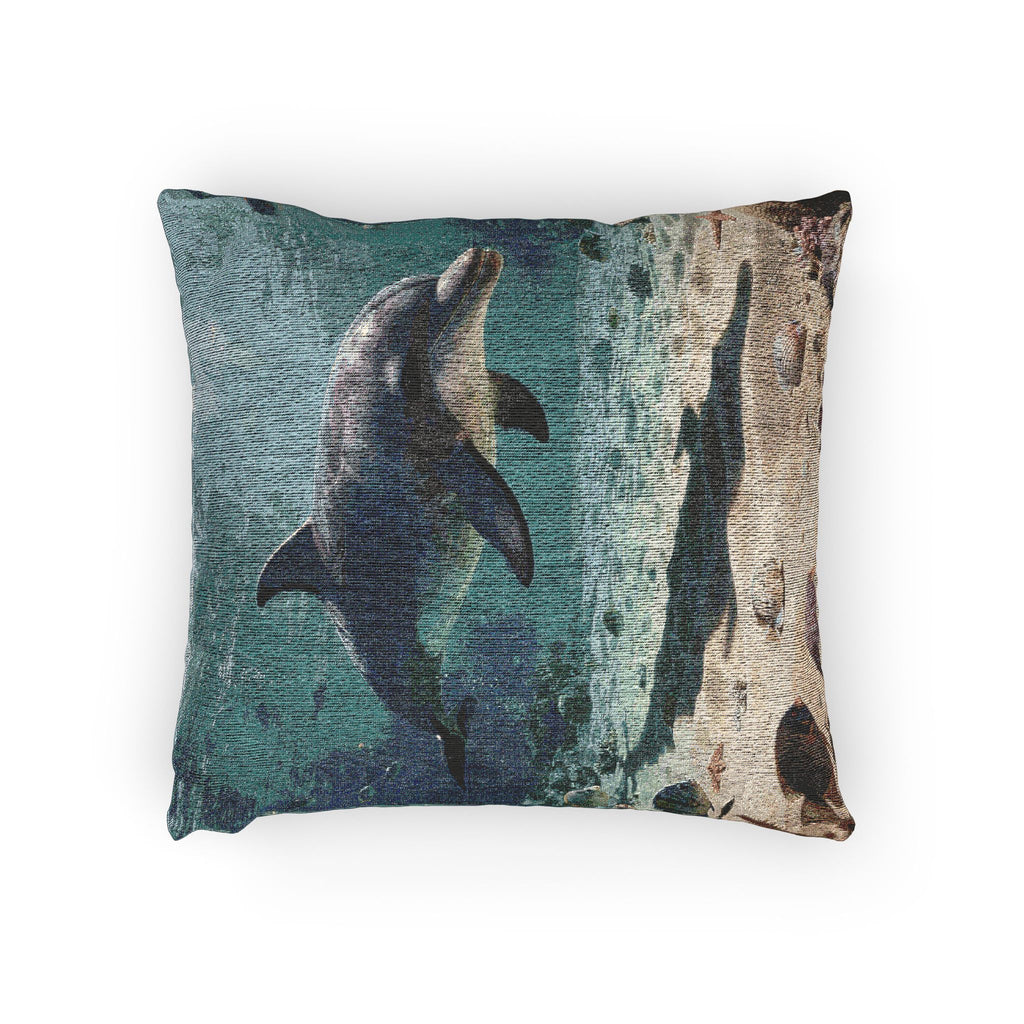 Woven Pillow - Coastal Dolphin Tapestry Cushion (Seaside Nautical Home Decor)