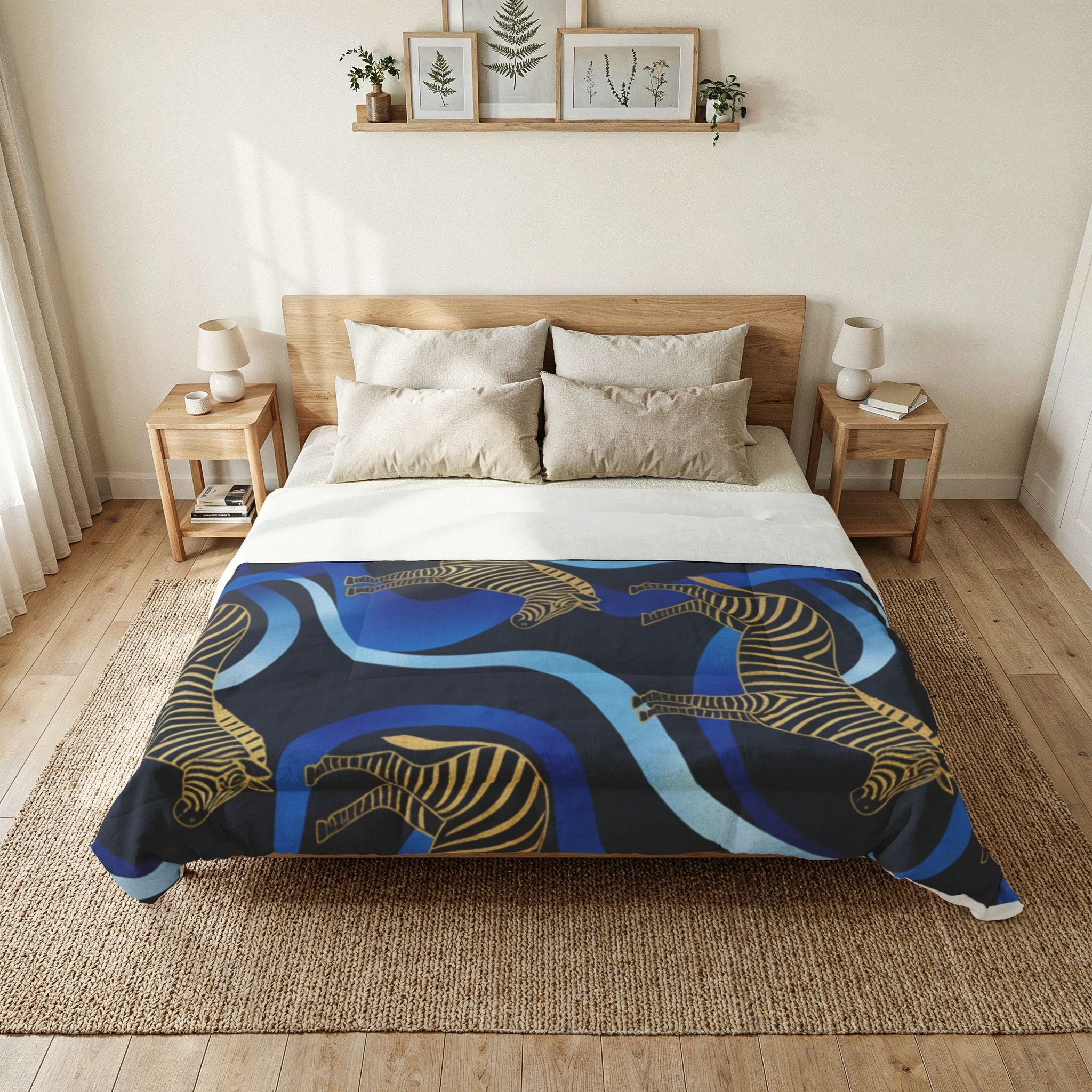 Zebra Waves Cotton Comforter — Blue Abstract Safari Bedding