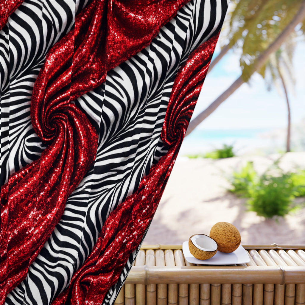Red Glitter Swirl Zebra Pattern Window Curtain — Bold Glam Drapery Panel