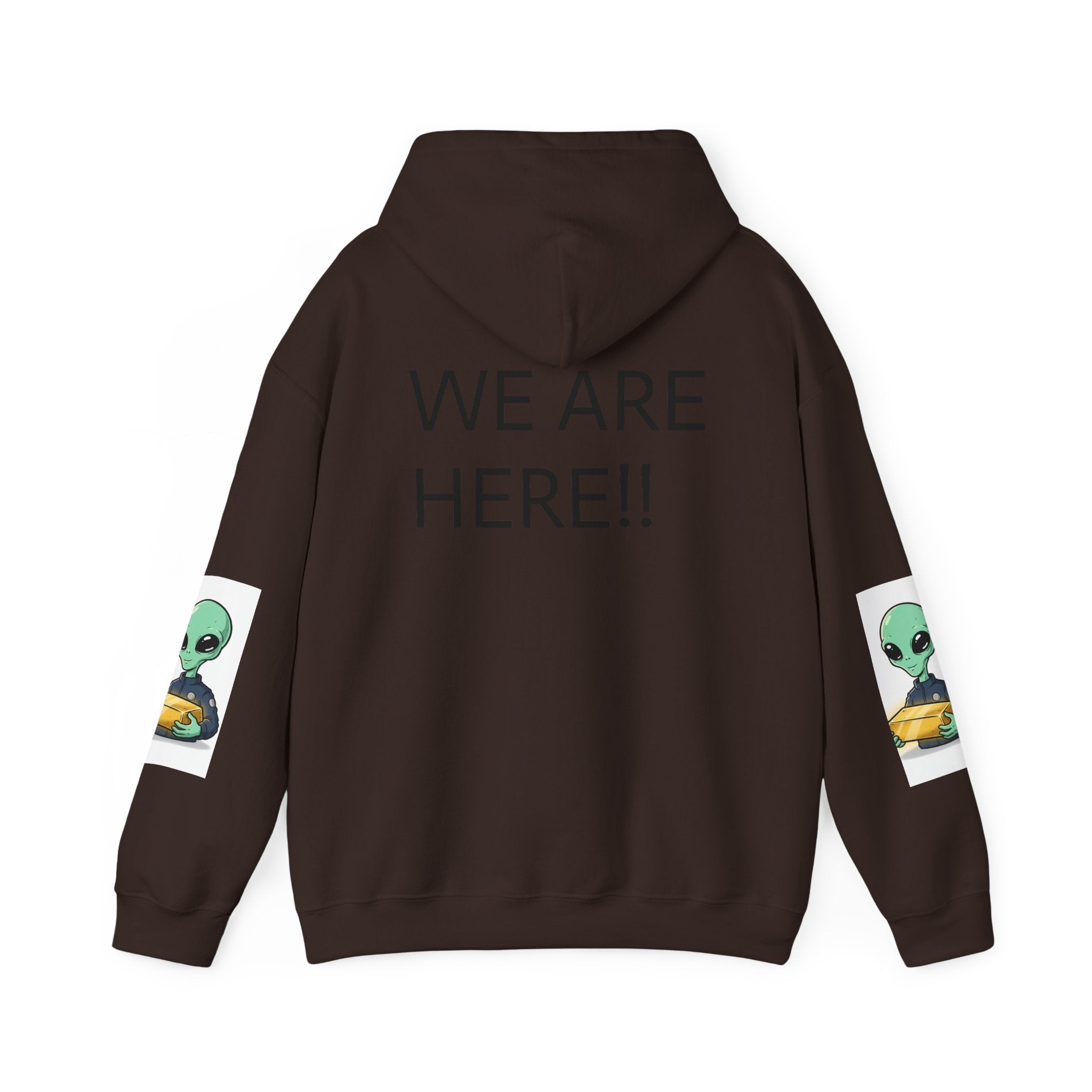 Alien Holding Gold Hoodie — "WE ARE HERE!!" Graphic Sweatshirt