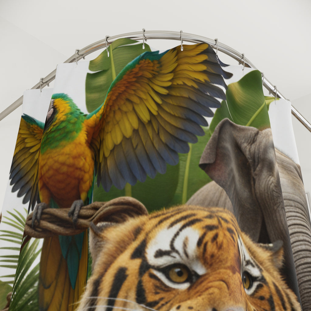 Jungle Animal Shower Curtain — Tiger, Elephant & Parrot Tropical Bathroom Decor