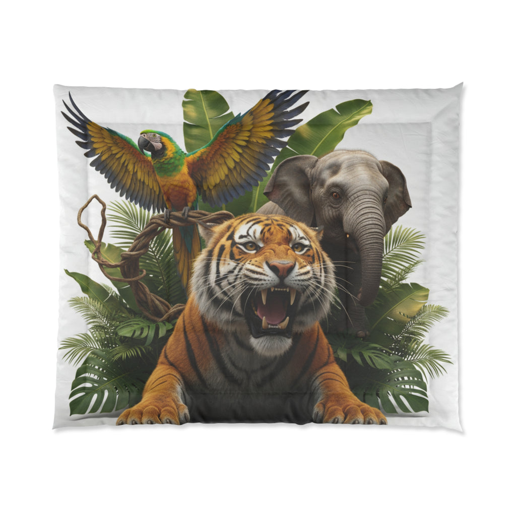 Jungle Wildlife Comforter – Tiger, Elephant & Parrot Tropical Bedding