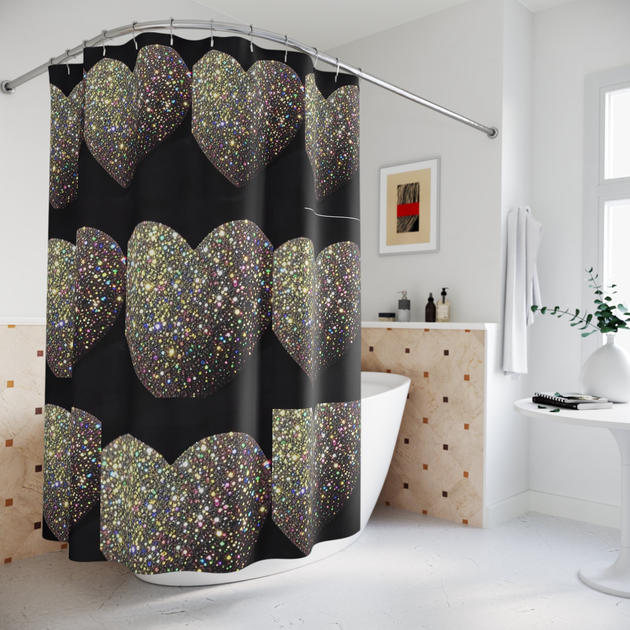 Shower Curtain - Glitter Heart Pattern on Black | Sparkling Romantic Bathroom Decor