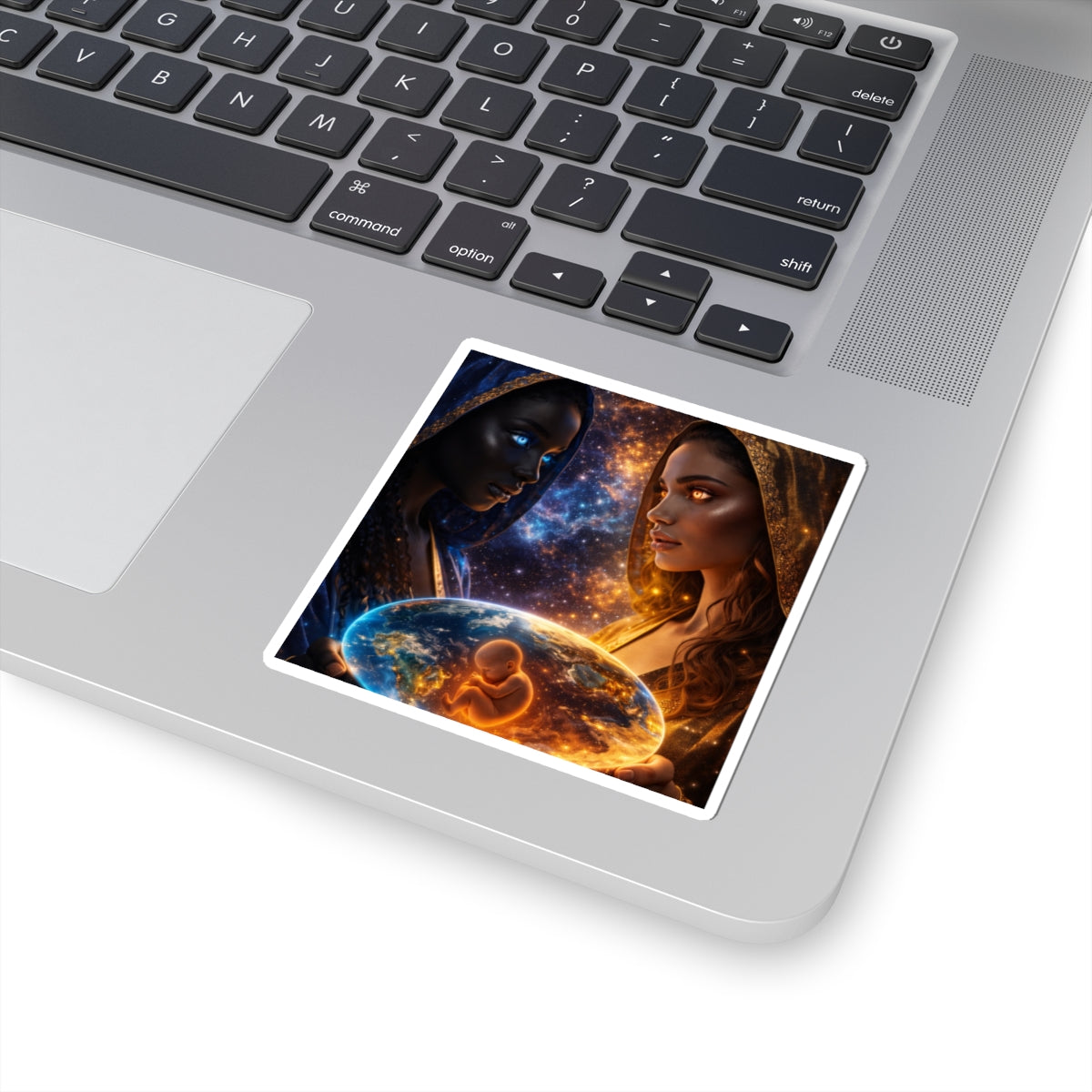 Cosmic Mothers Kiss-Cut Sticker — Dual Goddess Holding Earth & Fetus