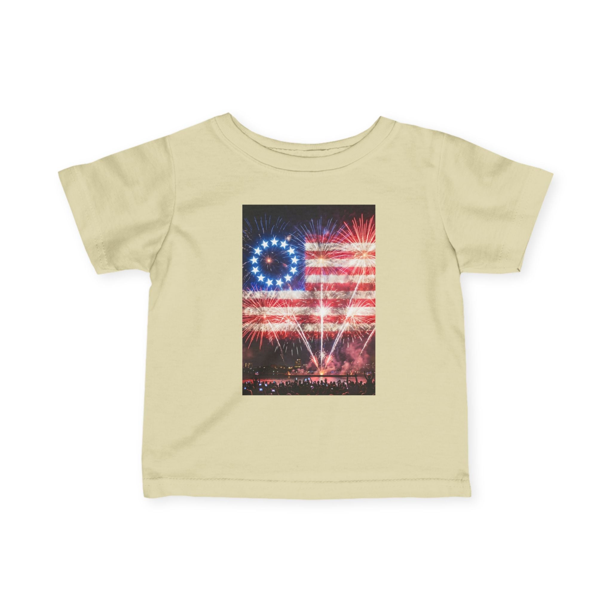 Infant Tee — Vintage Fireworks American Flag Graphic (4th of July Baby Shirt)