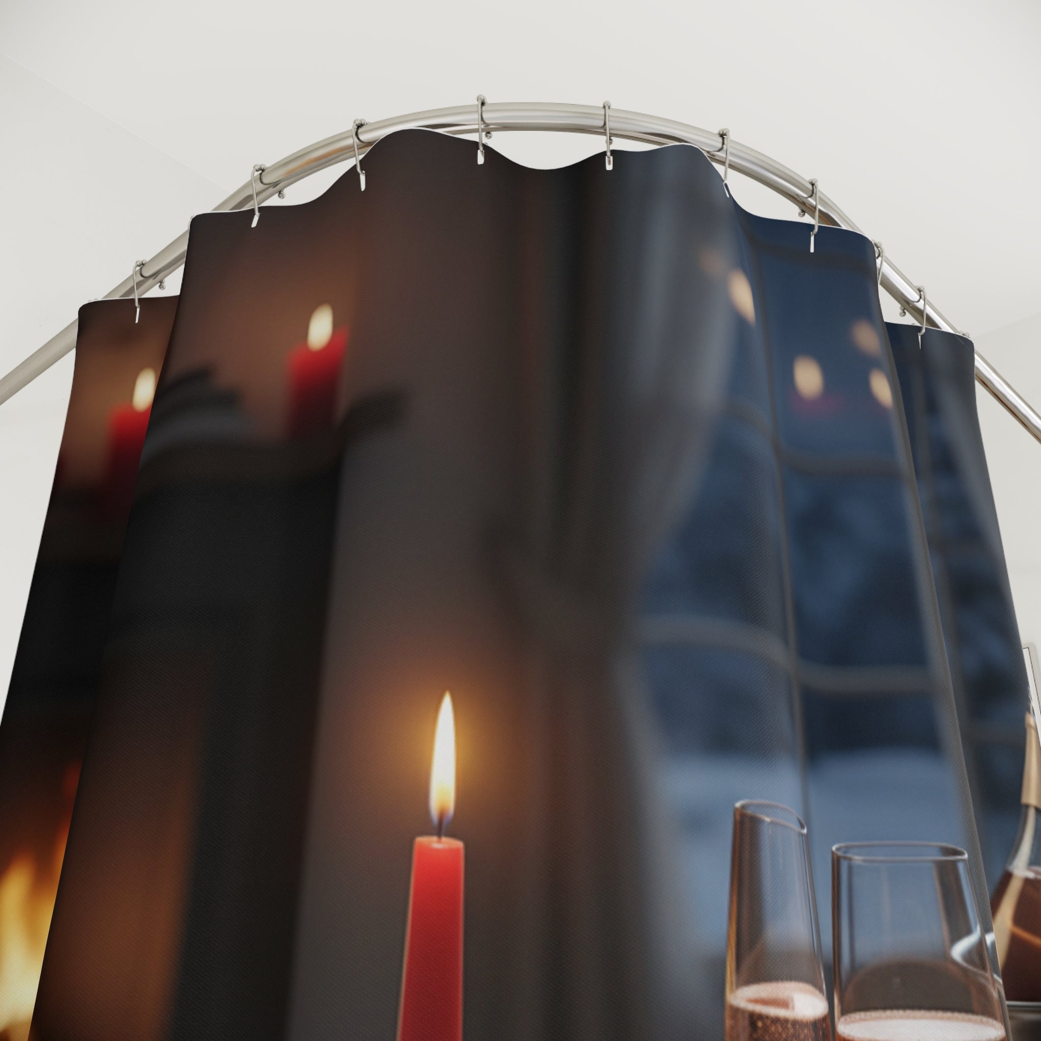 Romantic Dinner Shower Curtain — Candlelit Table with Rose Petals & Champagne