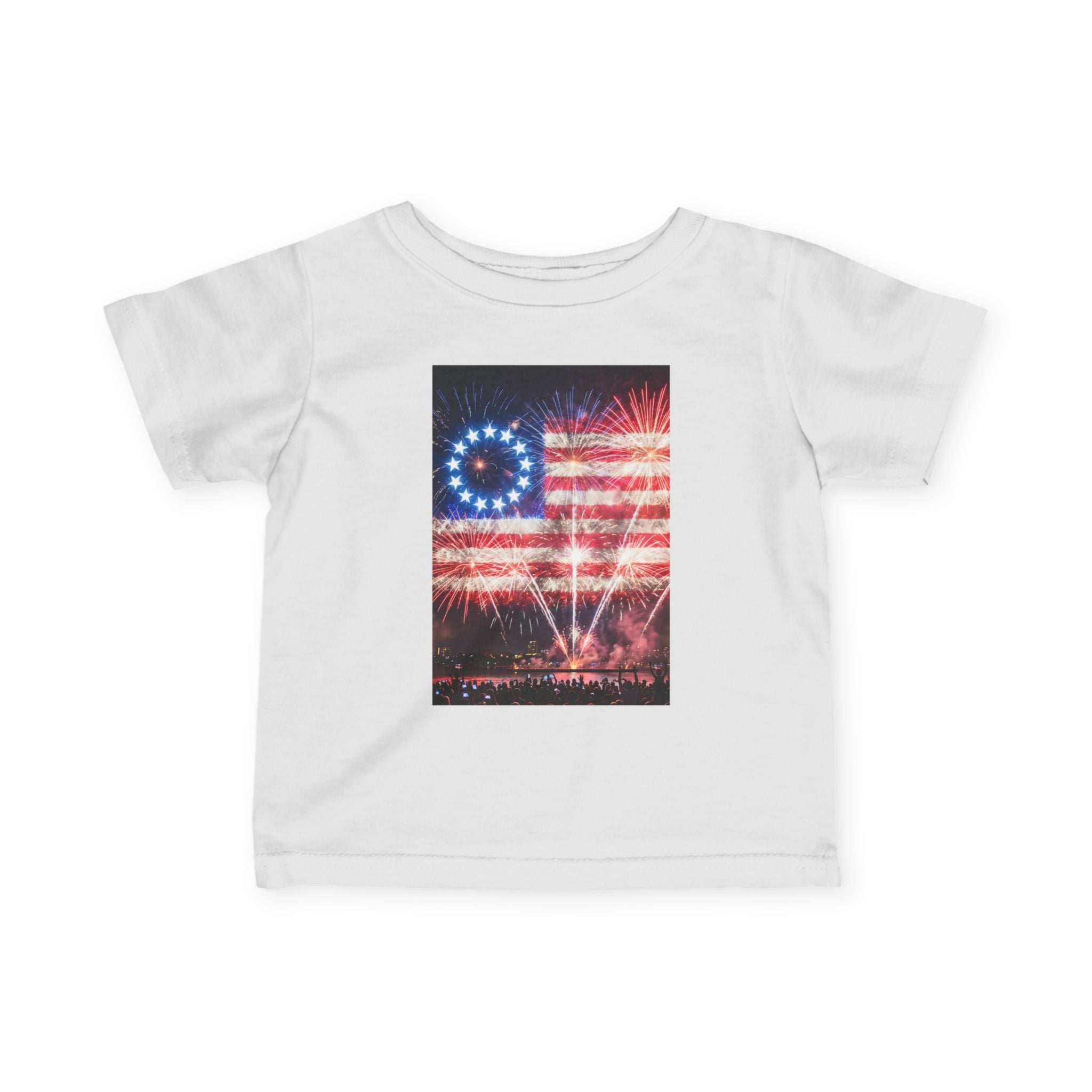 Infant Tee — Vintage Fireworks American Flag Graphic (4th of July Baby Shirt)