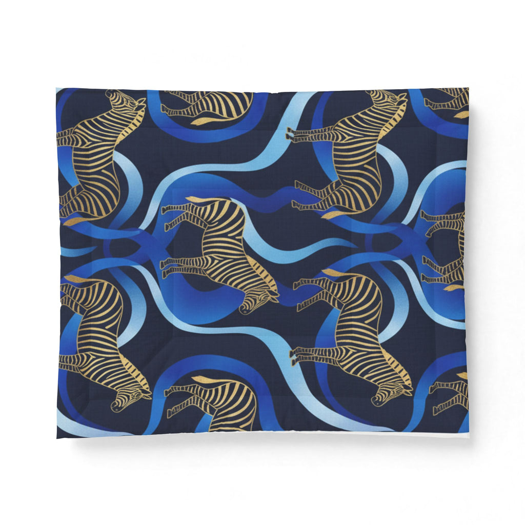 Zebra Waves Cotton Comforter — Blue Abstract Safari Bedding