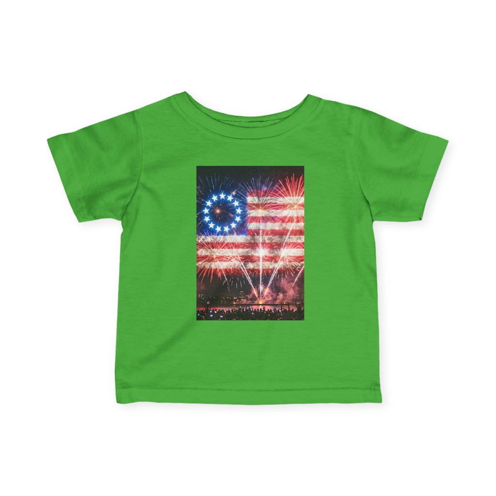 Infant Tee — Vintage Fireworks American Flag Graphic (4th of July Baby Shirt)