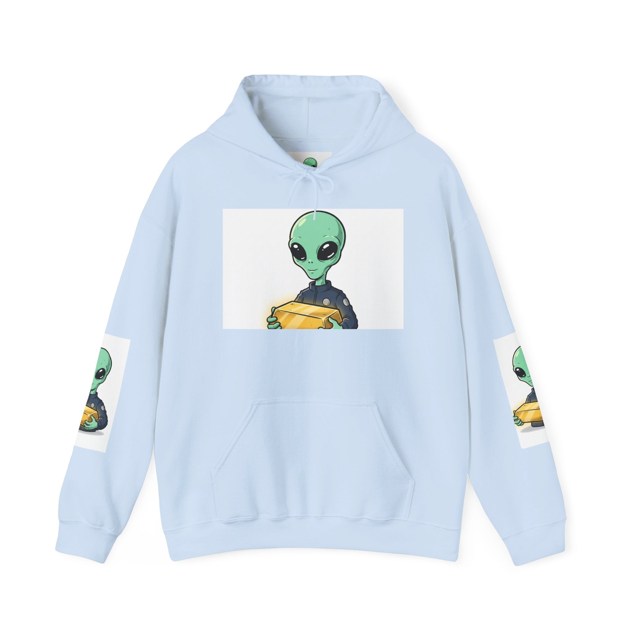 Alien Holding Gold Hoodie — "WE ARE HERE!!" Graphic Sweatshirt