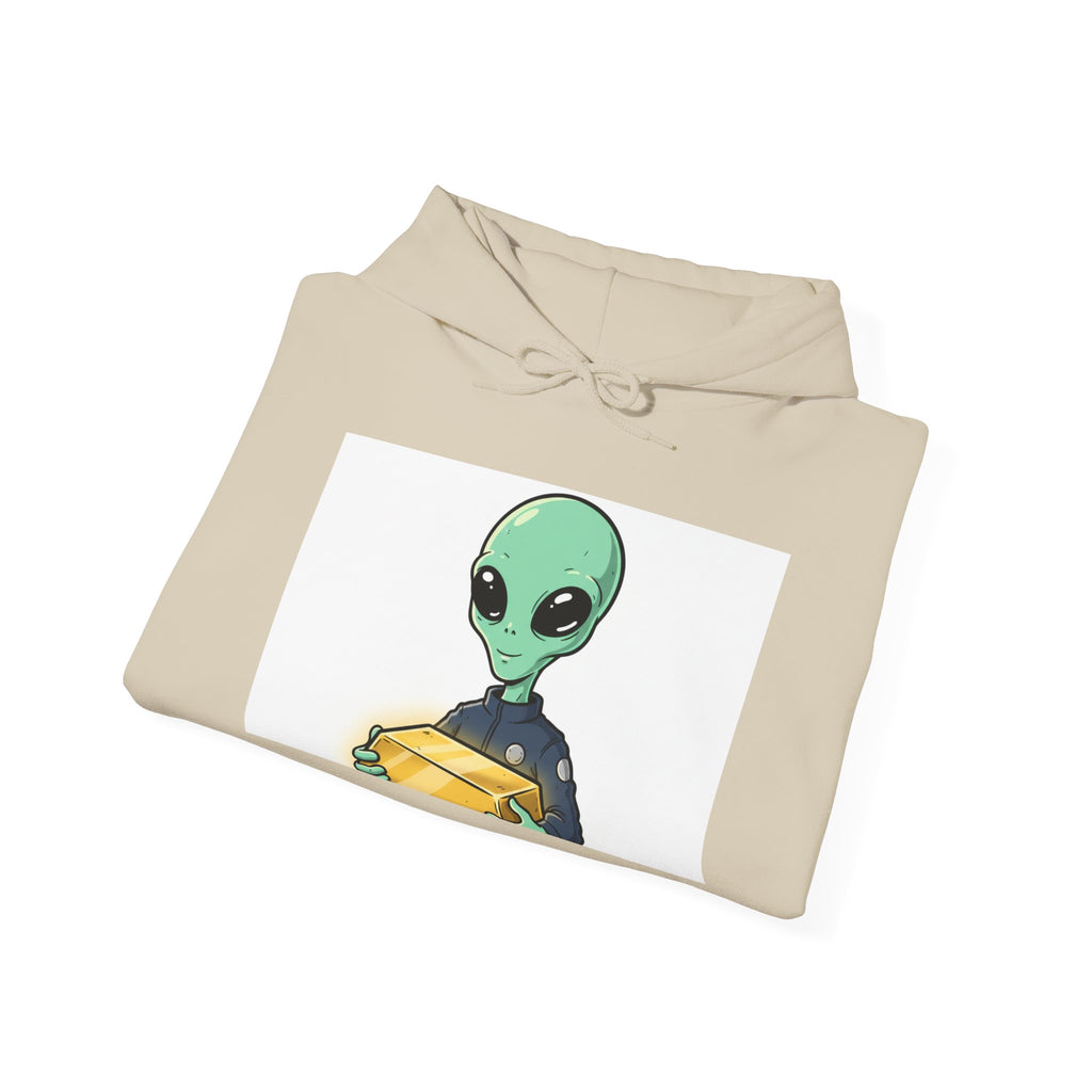Alien Holding Gold Hoodie — "WE ARE HERE!!" Graphic Sweatshirt