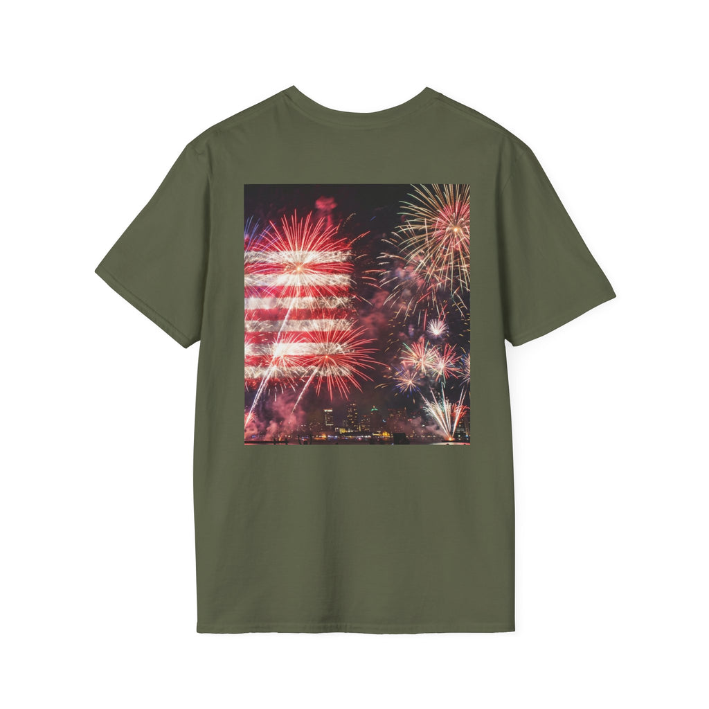 American Flag Fireworks T-Shirt — Betsy Ross Stars & Stripes Patriotic Tee for 4th of July