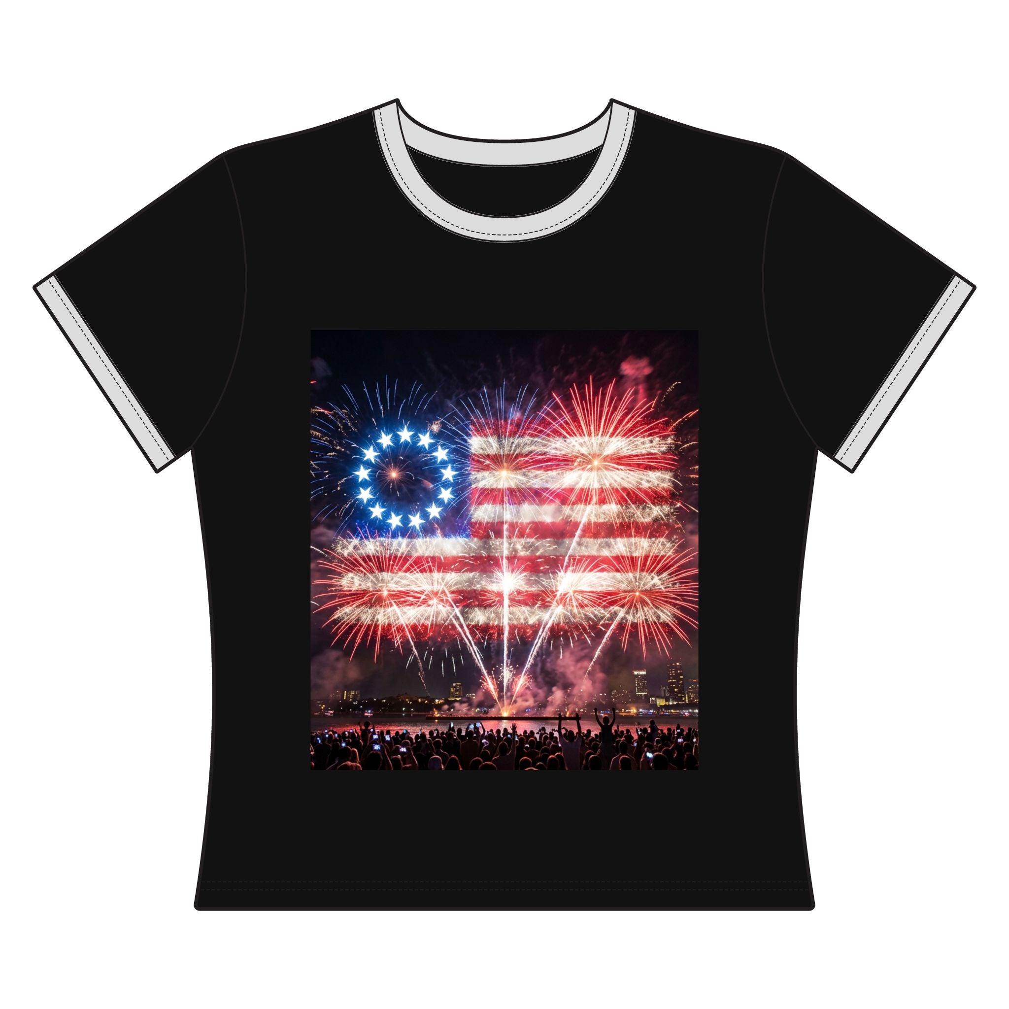 Women's Ringer Tee — Betsy Ross Fireworks Flag Graphic (Fourth of July Patriotic Tee)