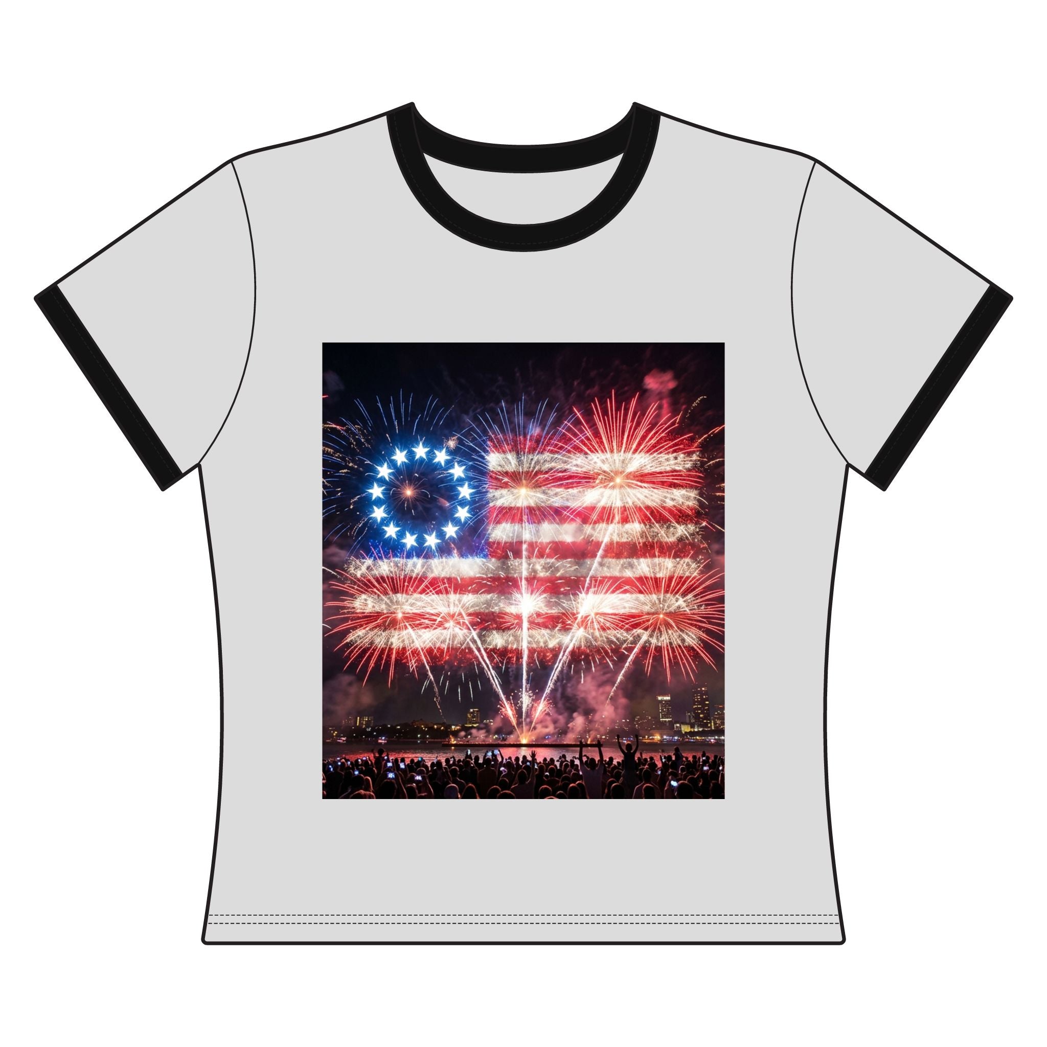 Women's Ringer Tee — Betsy Ross Fireworks Flag Graphic (Fourth of July Patriotic Tee)