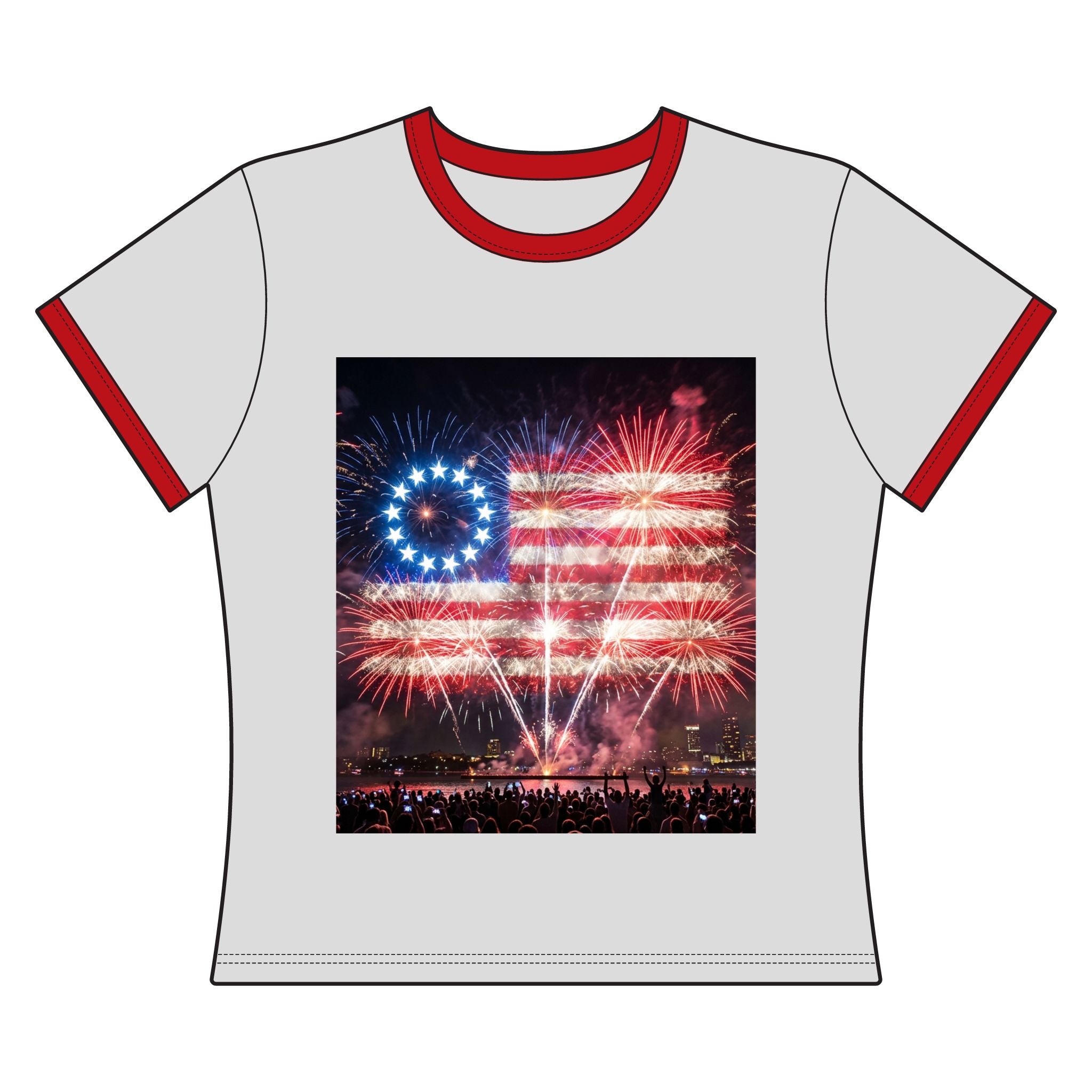 Women's Ringer Tee — Betsy Ross Fireworks Flag Graphic (Fourth of July Patriotic Tee)