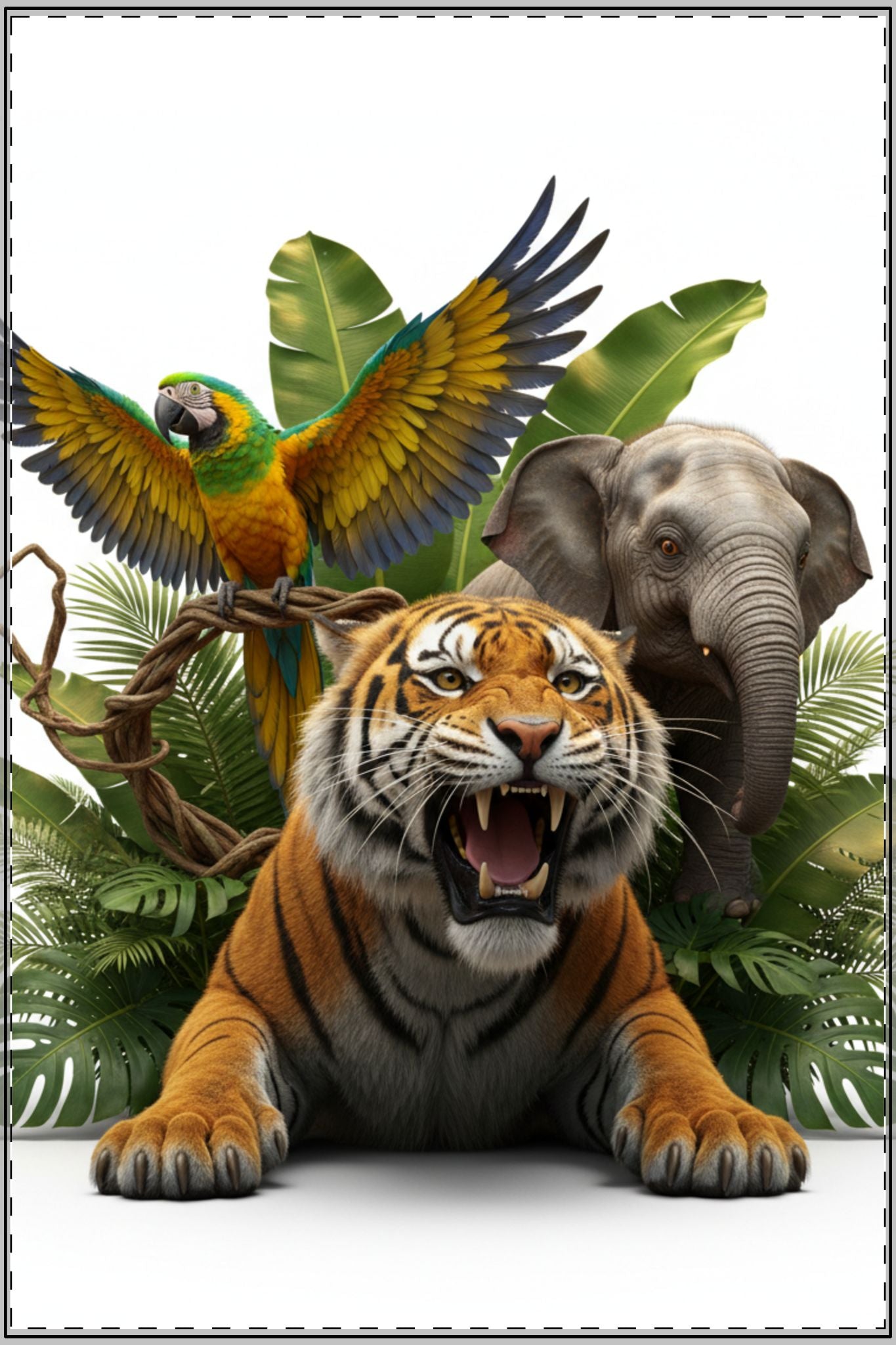 Wildlife Jungle Satin Poster — Tiger, Parrot & Elephant Decorative Wall Art