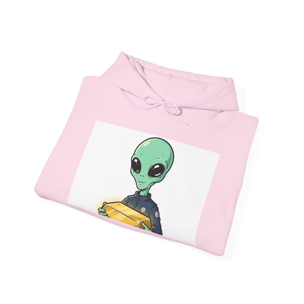 Alien Holding Gold Hoodie — "WE ARE HERE!!" Graphic Sweatshirt