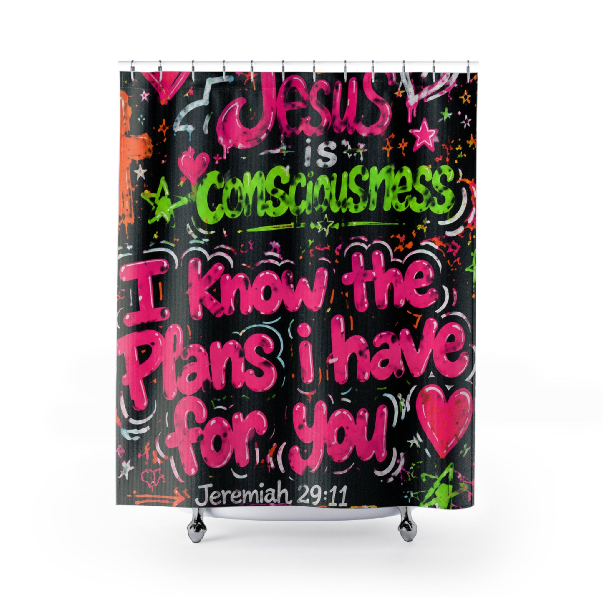 Christian Shower Curtain — "Jesus is Consciousness" Jeremiah 29:11 Neon Gospel Bath Curtain