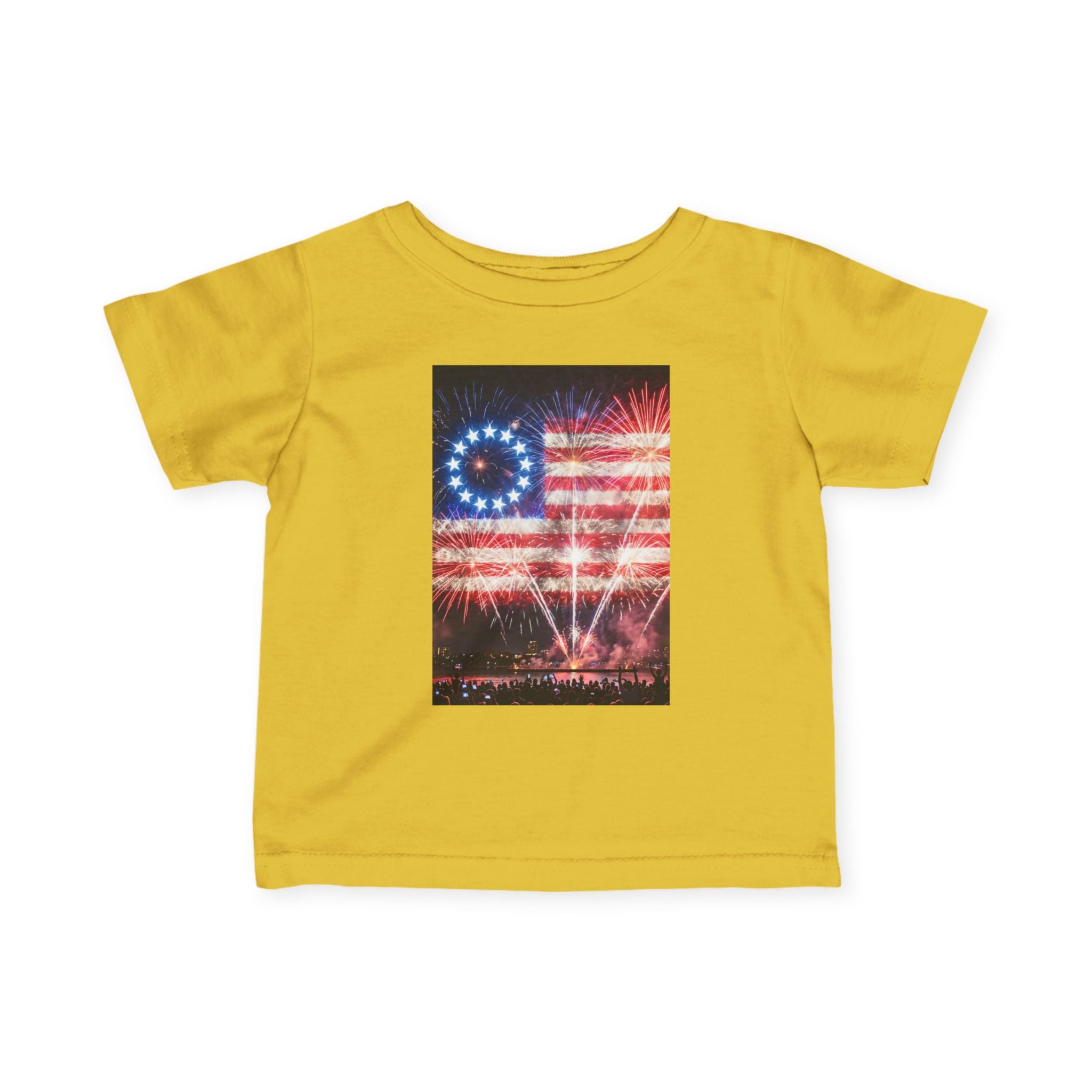 Infant Tee — Vintage Fireworks American Flag Graphic (4th of July Baby Shirt)