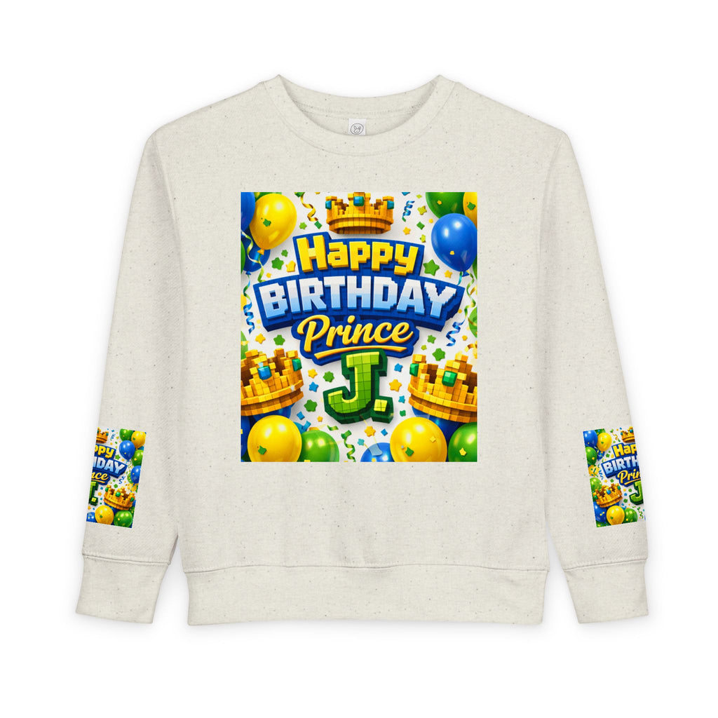Toddler Sweatshirt — "Happy Birthday Prince J" Colorful Crown & Balloons Birthday Crew