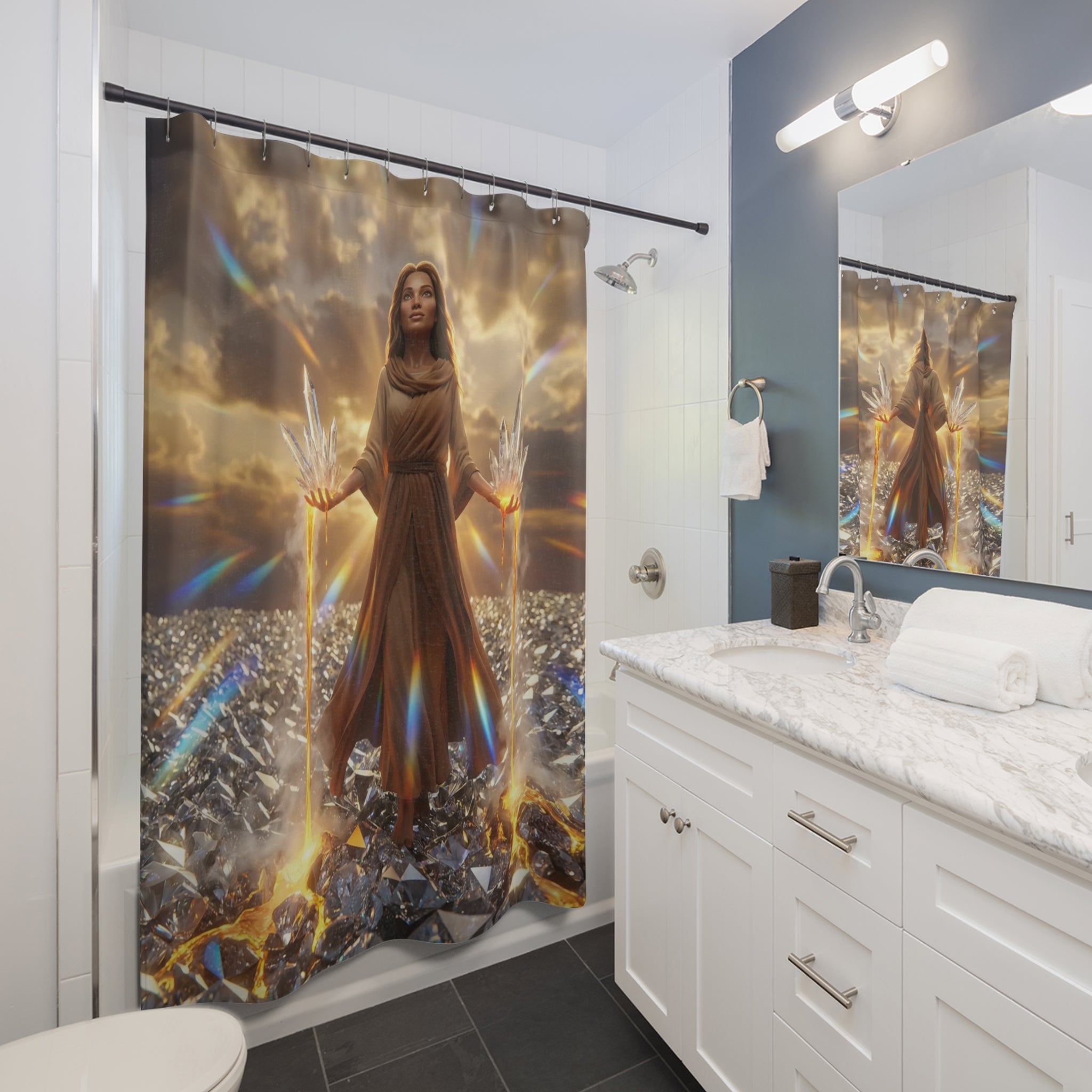 Mystic Light Goddess Shower Curtain — Radiant Crystal Fantasy Bathroom Decor