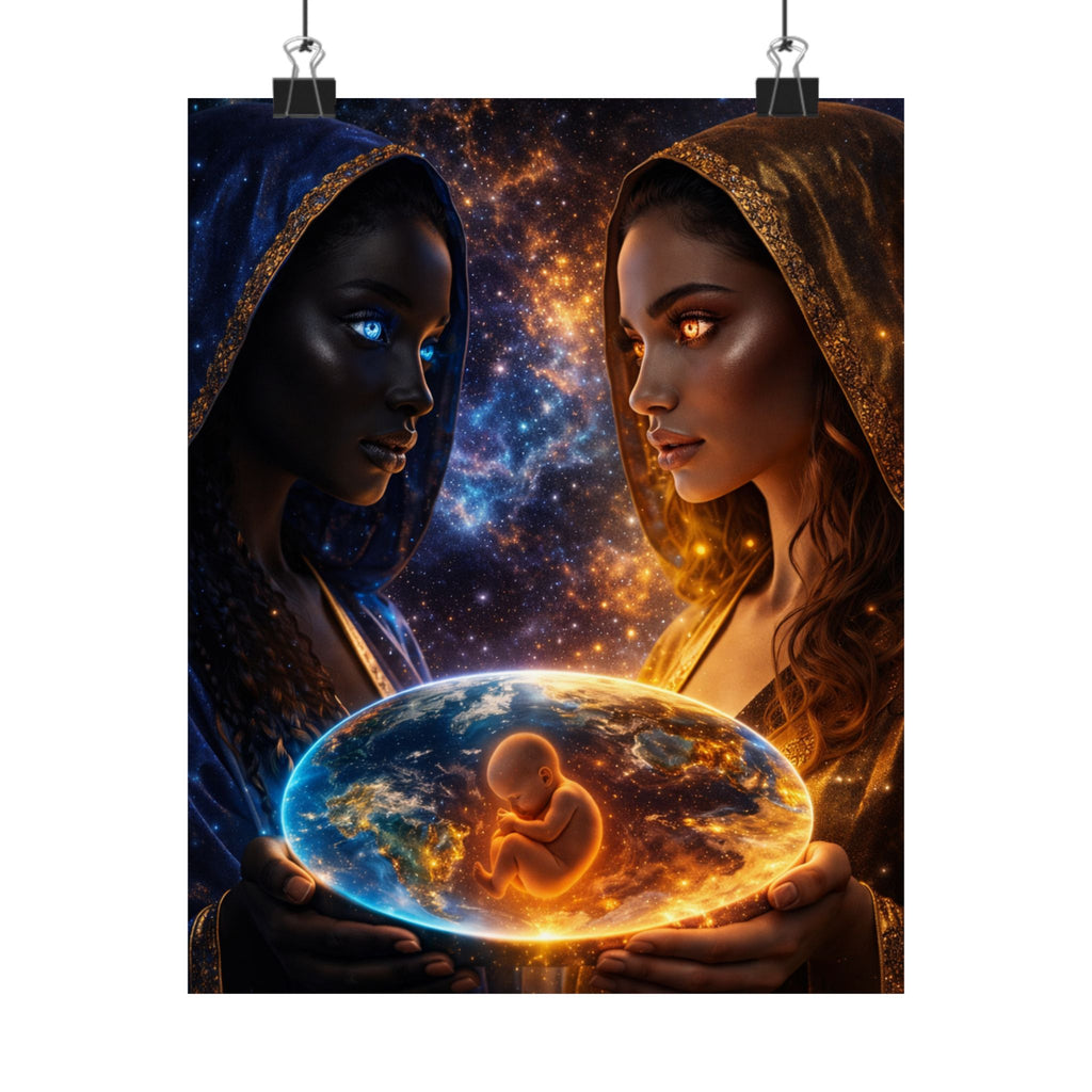Cosmic Mothers Matte Poster — Dual Goddess Holding Earth with Embryo