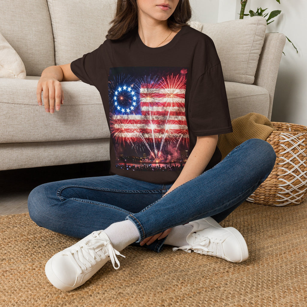 American Flag Fireworks T-Shirt — Betsy Ross Stars & Stripes Patriotic Tee for 4th of July