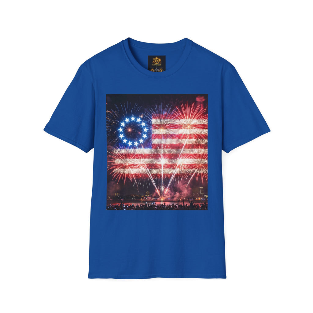 American Flag Fireworks T-Shirt — Betsy Ross Stars & Stripes Patriotic Tee for 4th of July