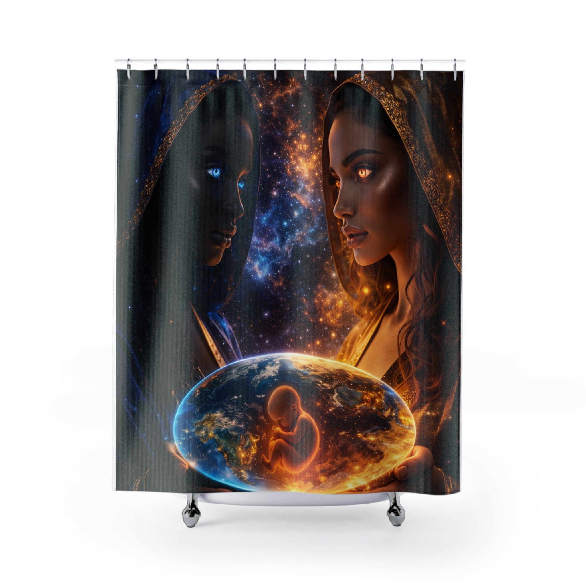 Shower Curtain — Cosmic Mothers of Earth Design (Celestial Duality, Pregnancy Orbit)