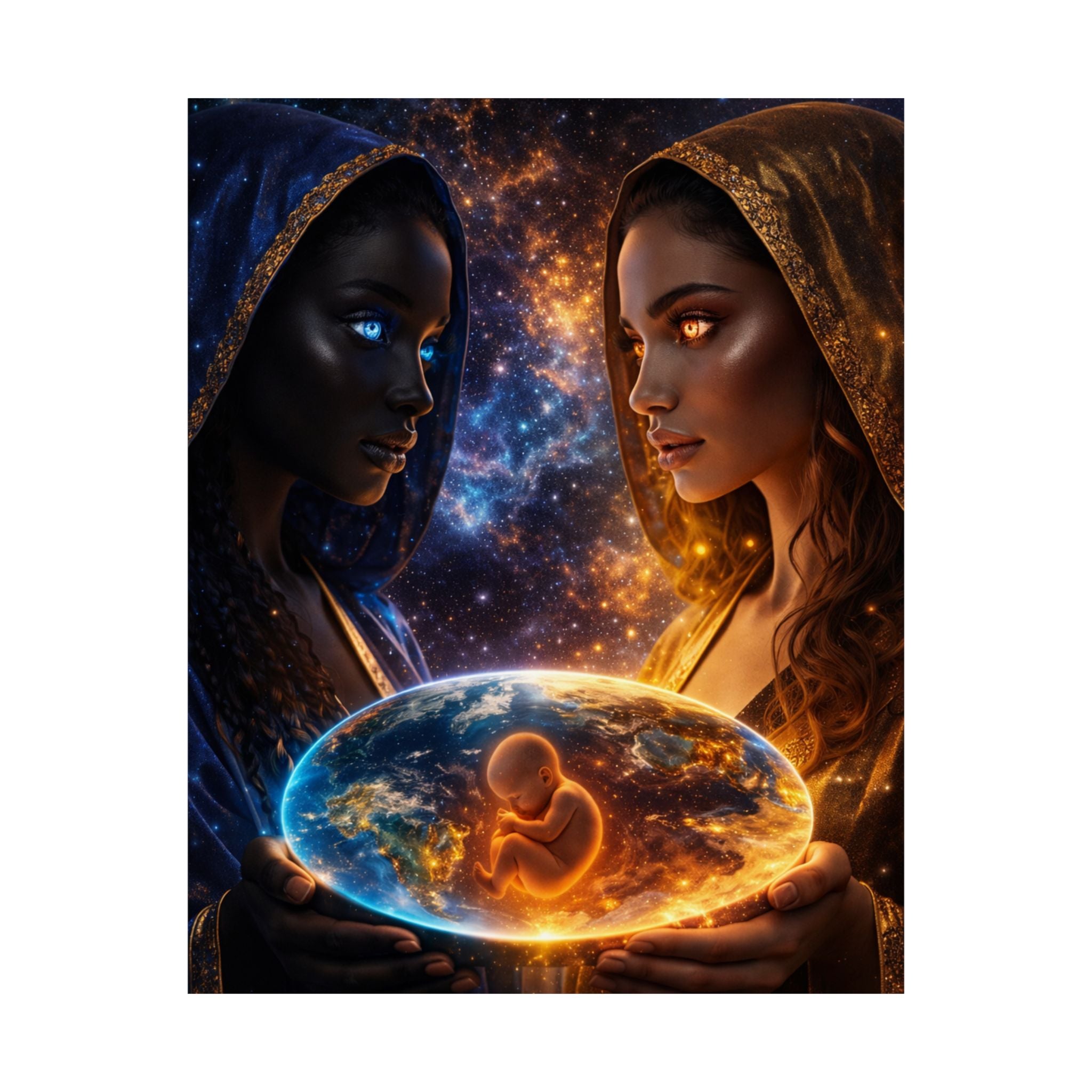Cosmic Mothers Matte Poster — Dual Goddess Holding Earth with Embryo