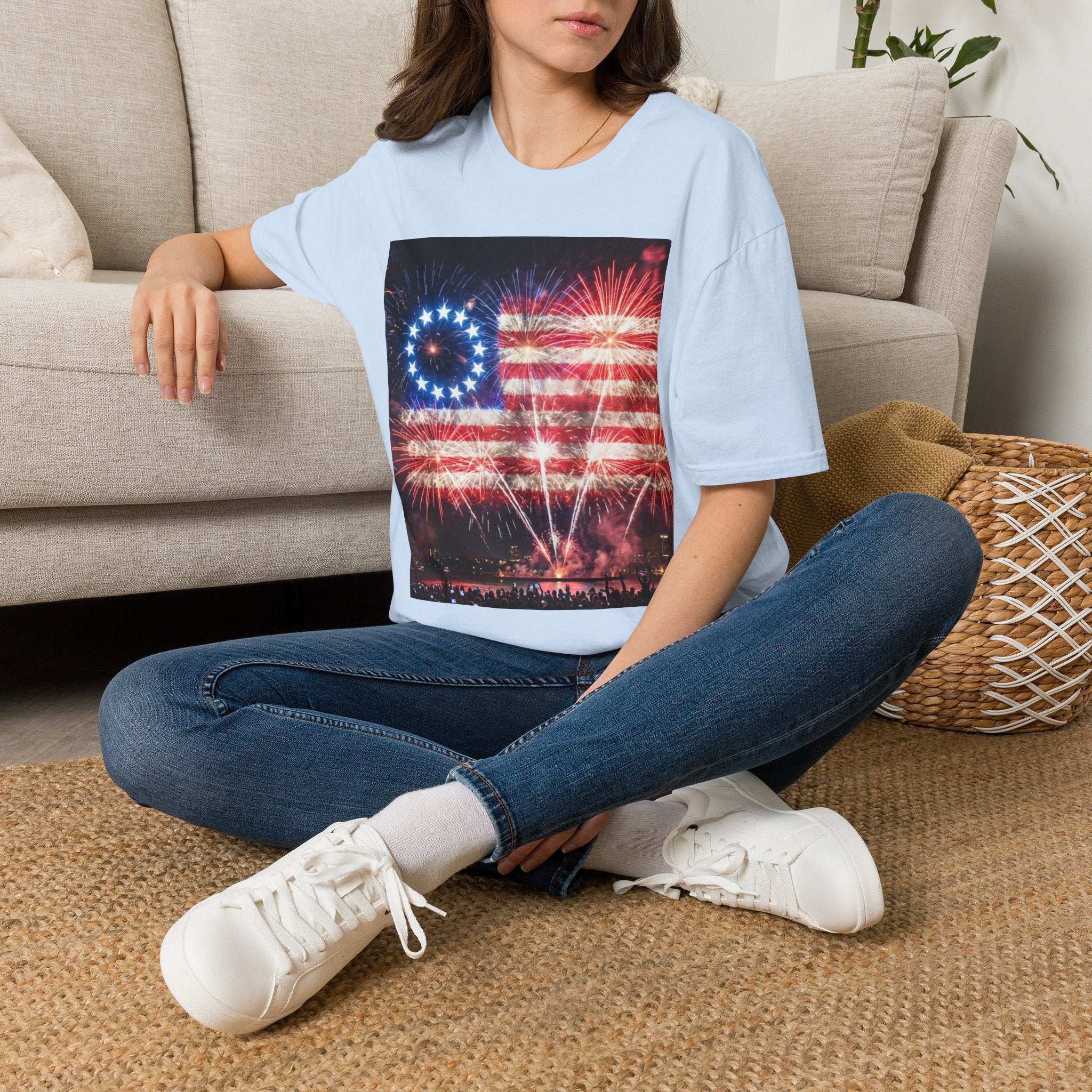 American Flag Fireworks T-Shirt — Betsy Ross Stars & Stripes Patriotic Tee for 4th of July