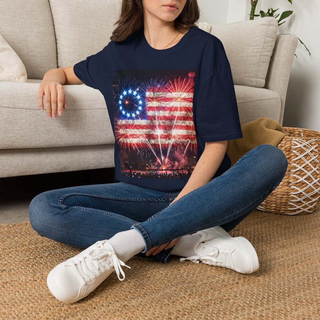 American Flag Fireworks T-Shirt — Betsy Ross Stars & Stripes Patriotic Tee for 4th of July