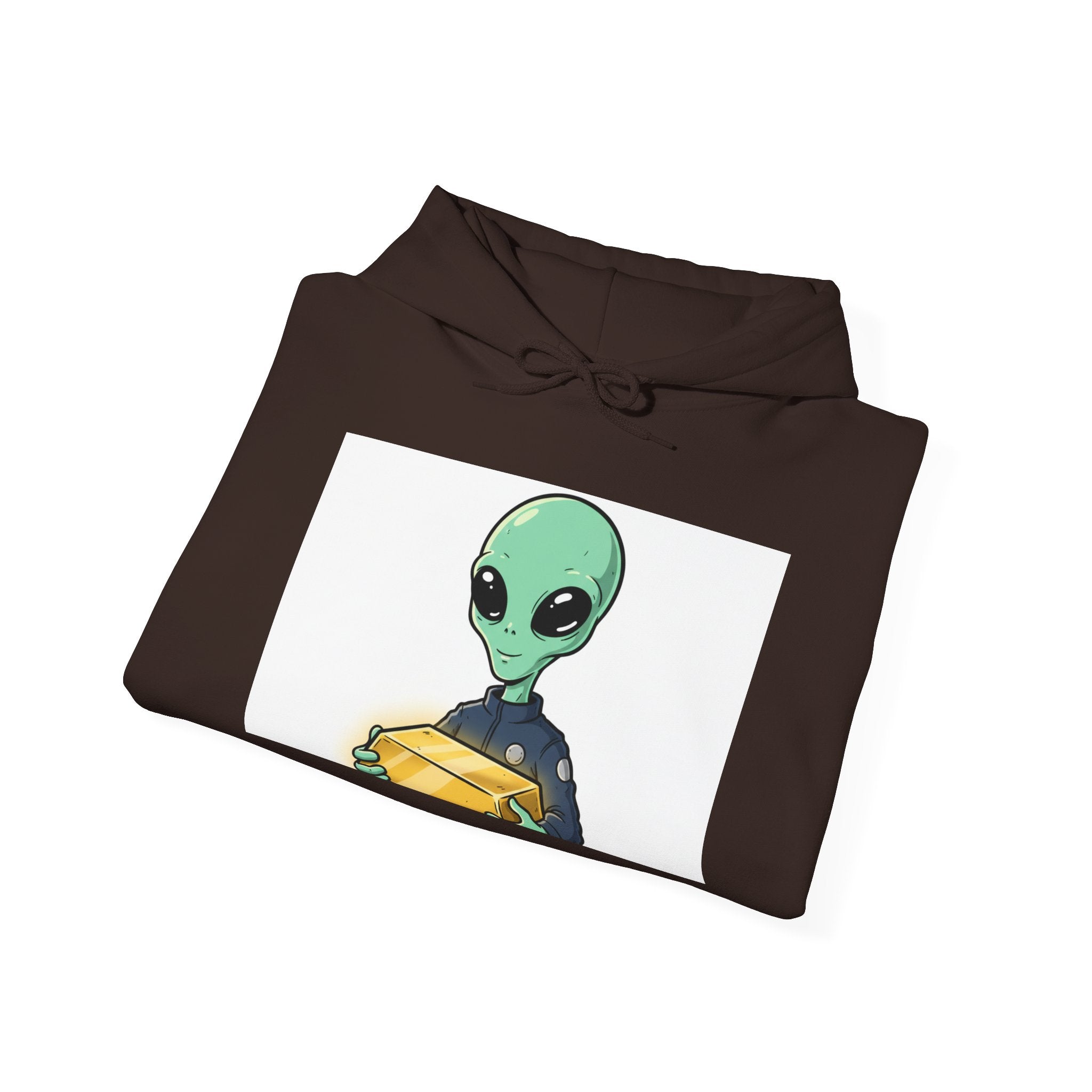 Alien Holding Gold Hoodie — "WE ARE HERE!!" Graphic Sweatshirt