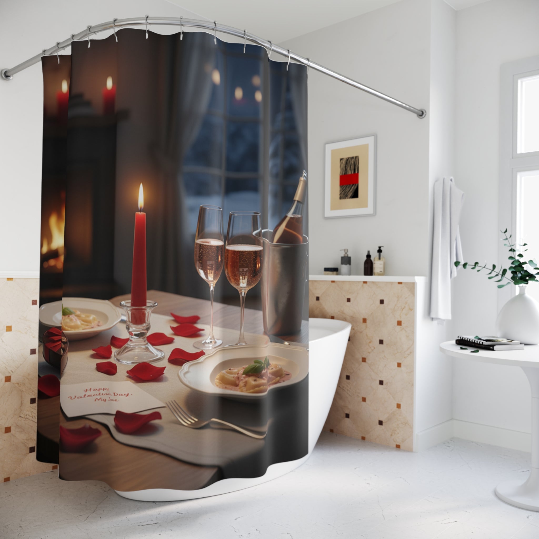 Romantic Dinner Shower Curtain — Candlelit Table with Rose Petals & Champagne