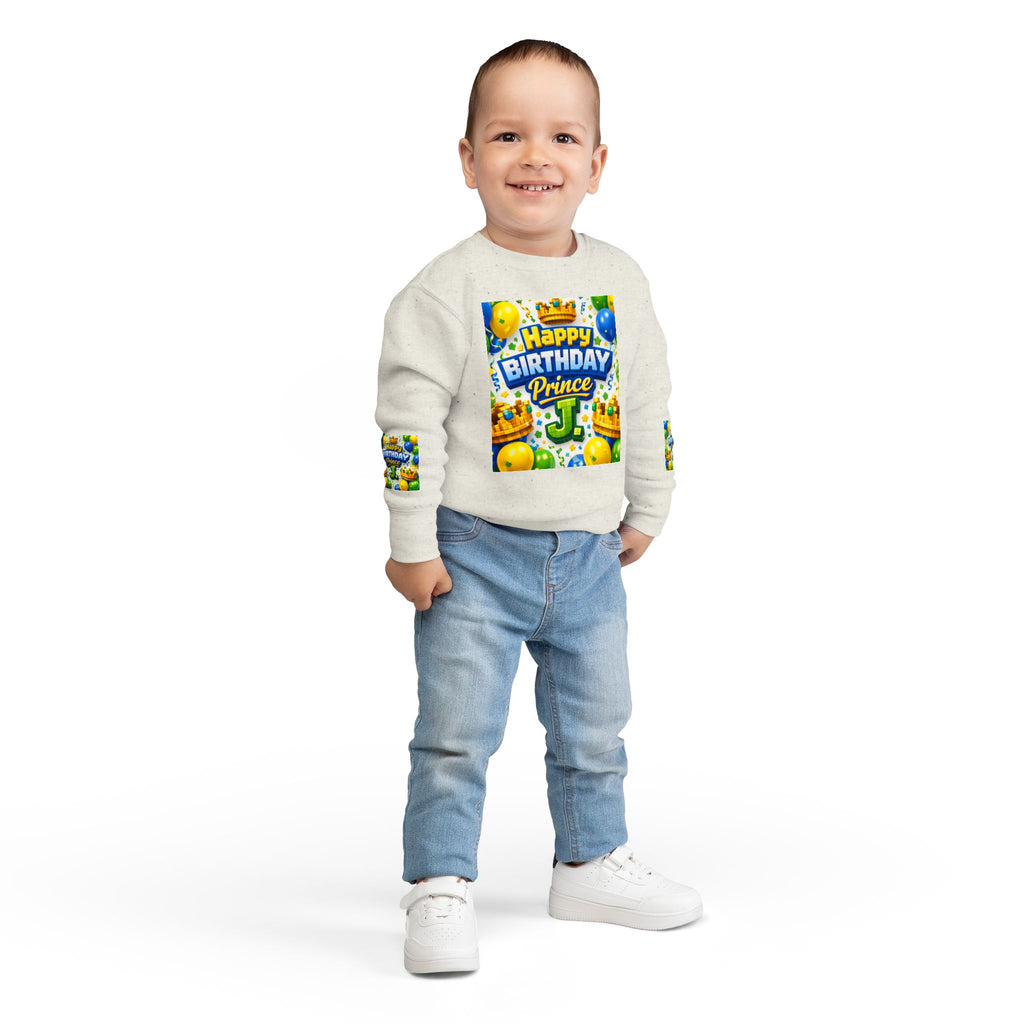 Toddler Sweatshirt — "Happy Birthday Prince J" Colorful Crown & Balloons Birthday Crew
