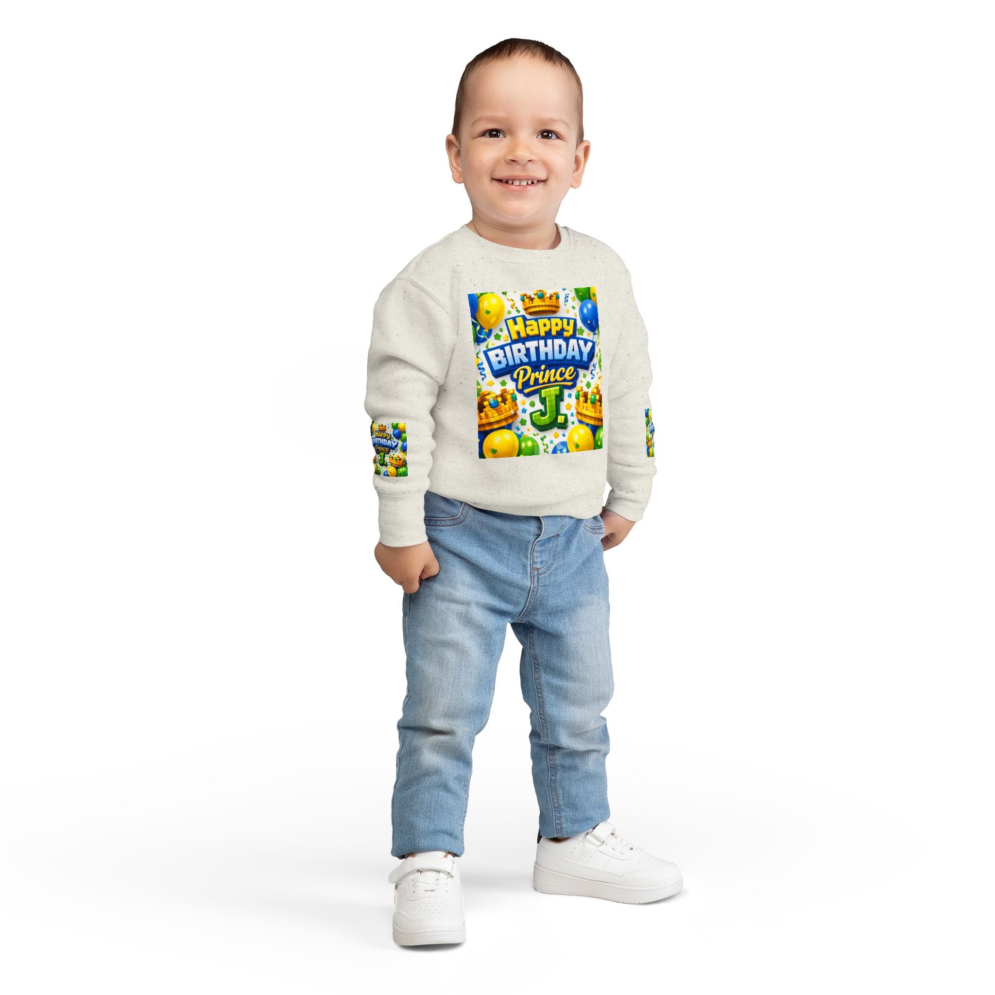 Toddler Sweatshirt — "Happy Birthday Prince J" Colorful Crown & Balloons Birthday Crew