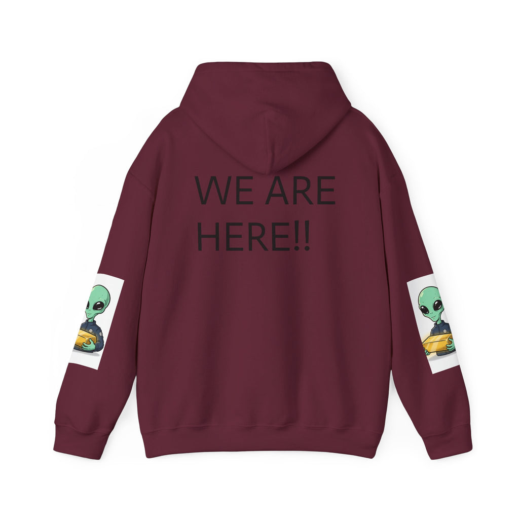 Alien Holding Gold Hoodie — "WE ARE HERE!!" Graphic Sweatshirt