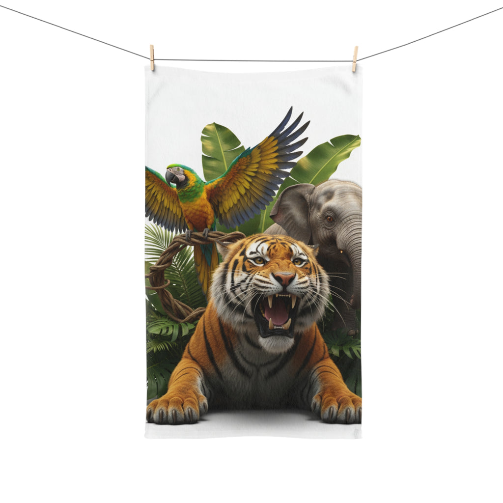 Jungle Roar Hand Towel — Tiger, Parrot & Elephant Tropical Animal Print