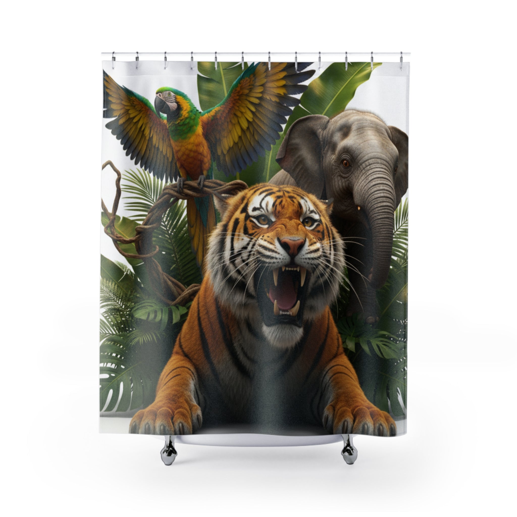Jungle Animal Shower Curtain — Tiger, Elephant & Parrot Tropical Bathroom Decor