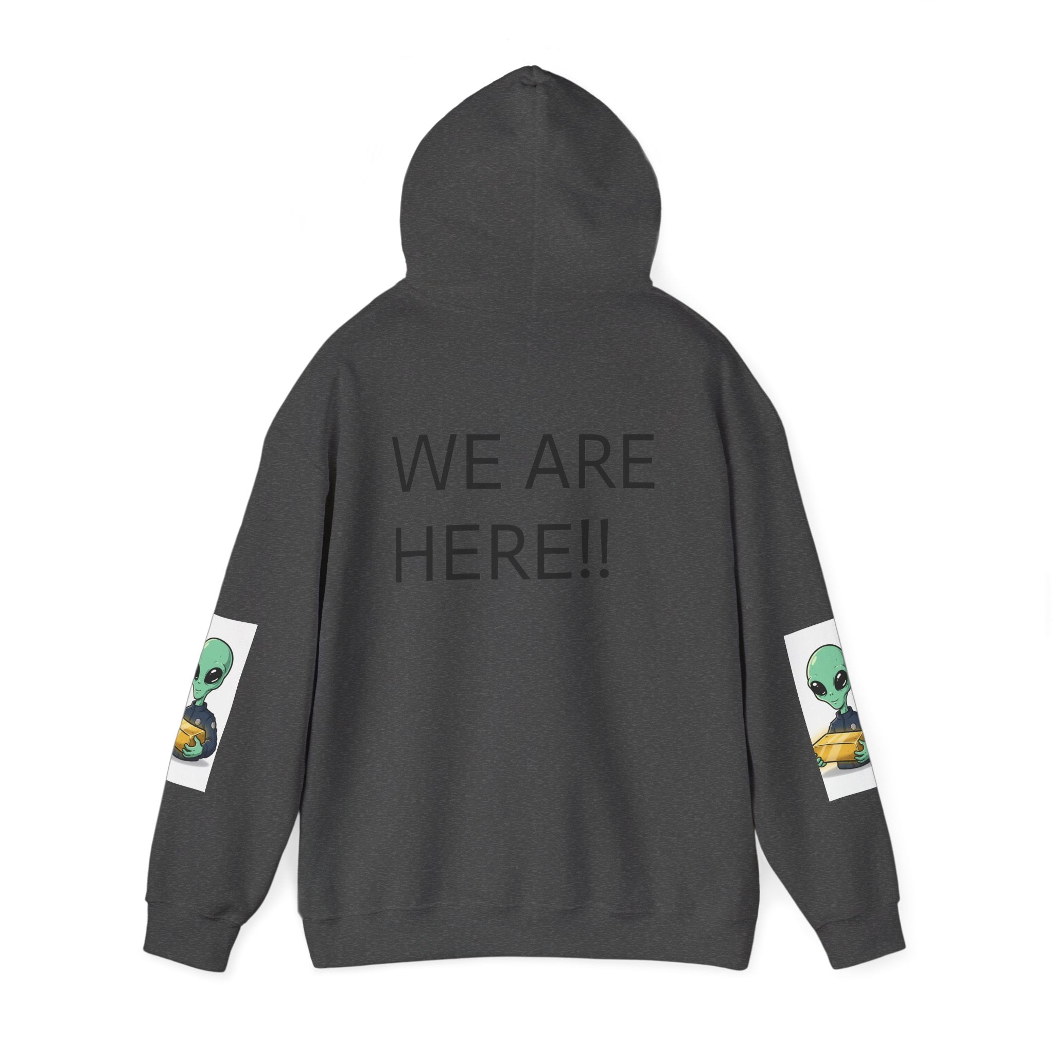 Alien Holding Gold Hoodie — "WE ARE HERE!!" Graphic Sweatshirt