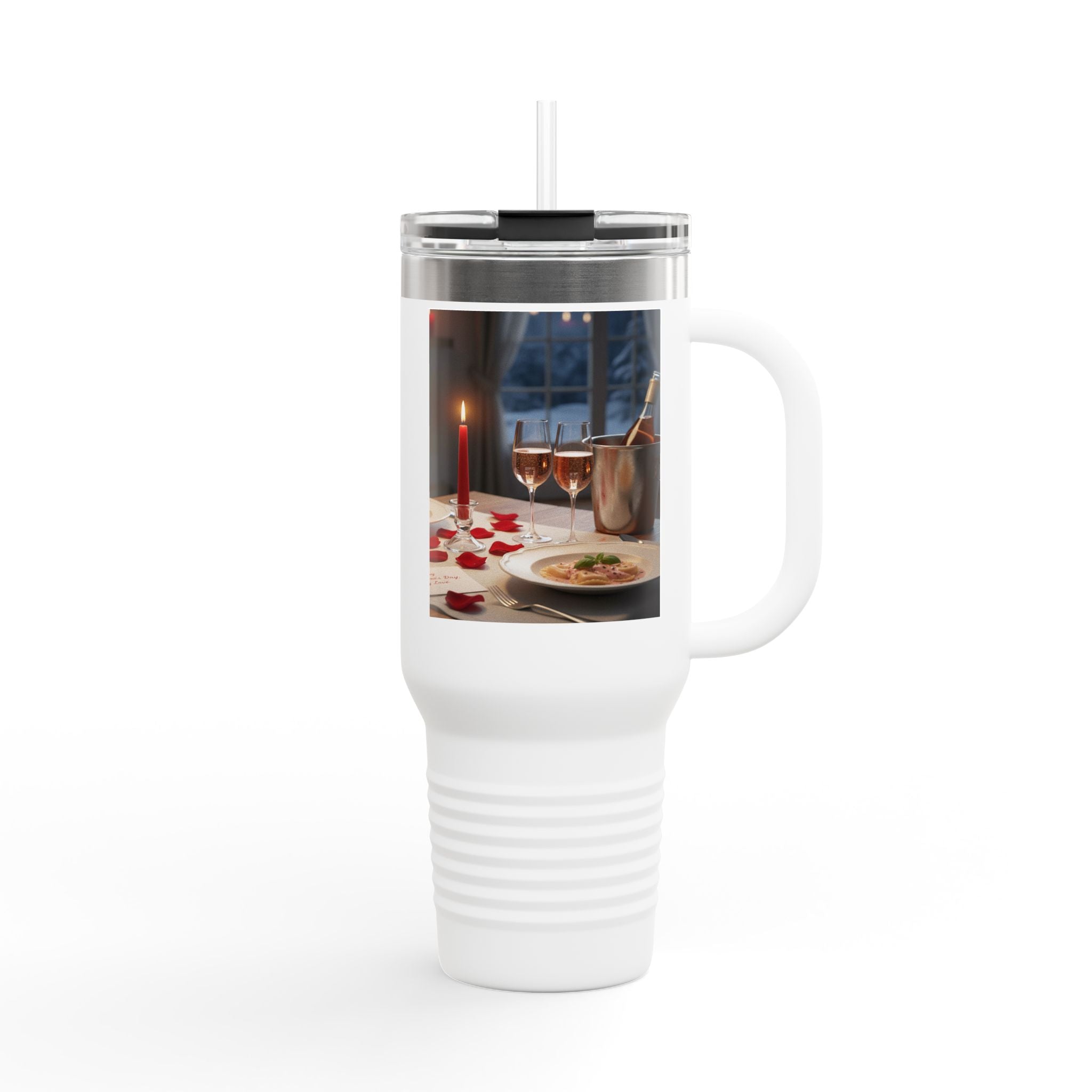 40oz Insulated Travel Mug — Romantic Candlelit Dinner Design