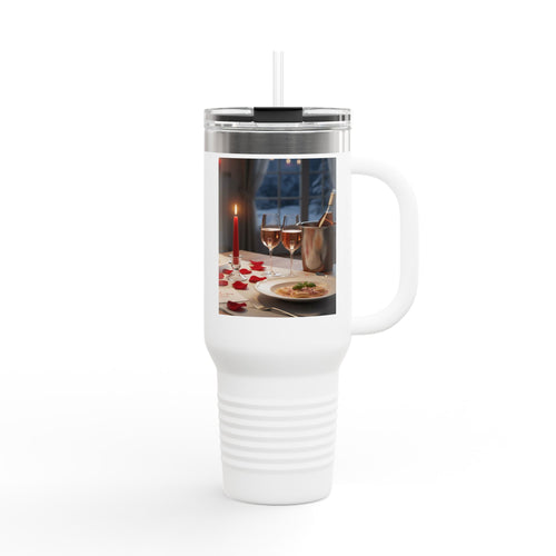 40oz Insulated Travel Mug — Romantic Candlelit Dinner Design