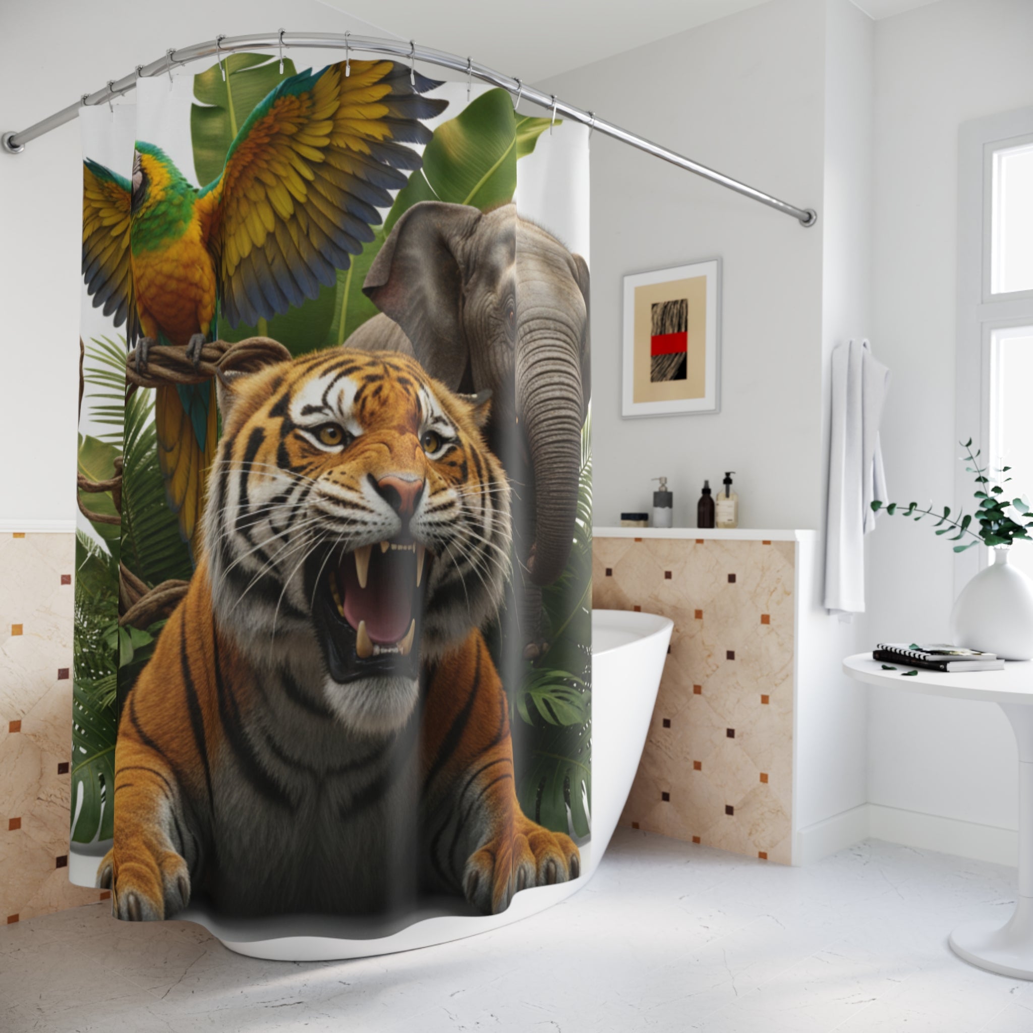 Jungle Animal Shower Curtain — Tiger, Elephant & Parrot Tropical Bathroom Decor